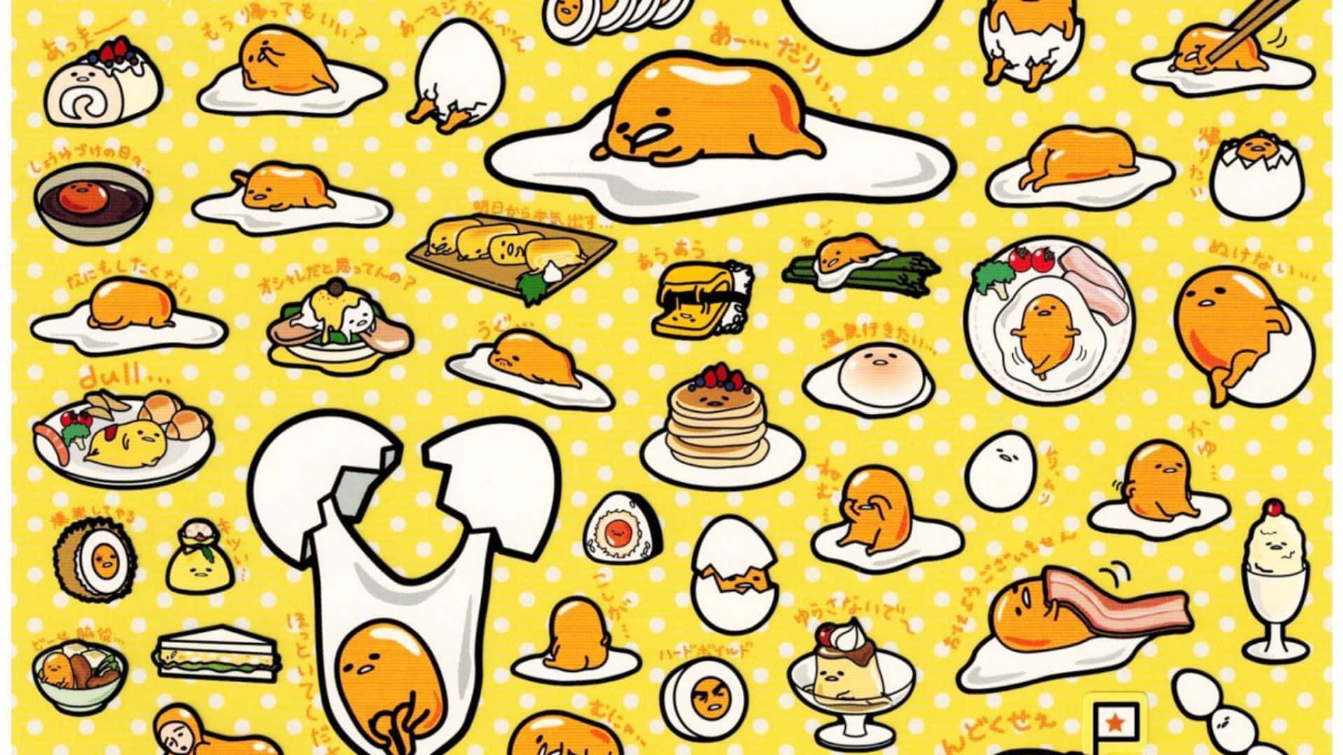 可愛的 Gudetama 角色在黃色圓點背景上的早餐食物中懶洋洋地躺著。 — 蛋黃哥 壁紙