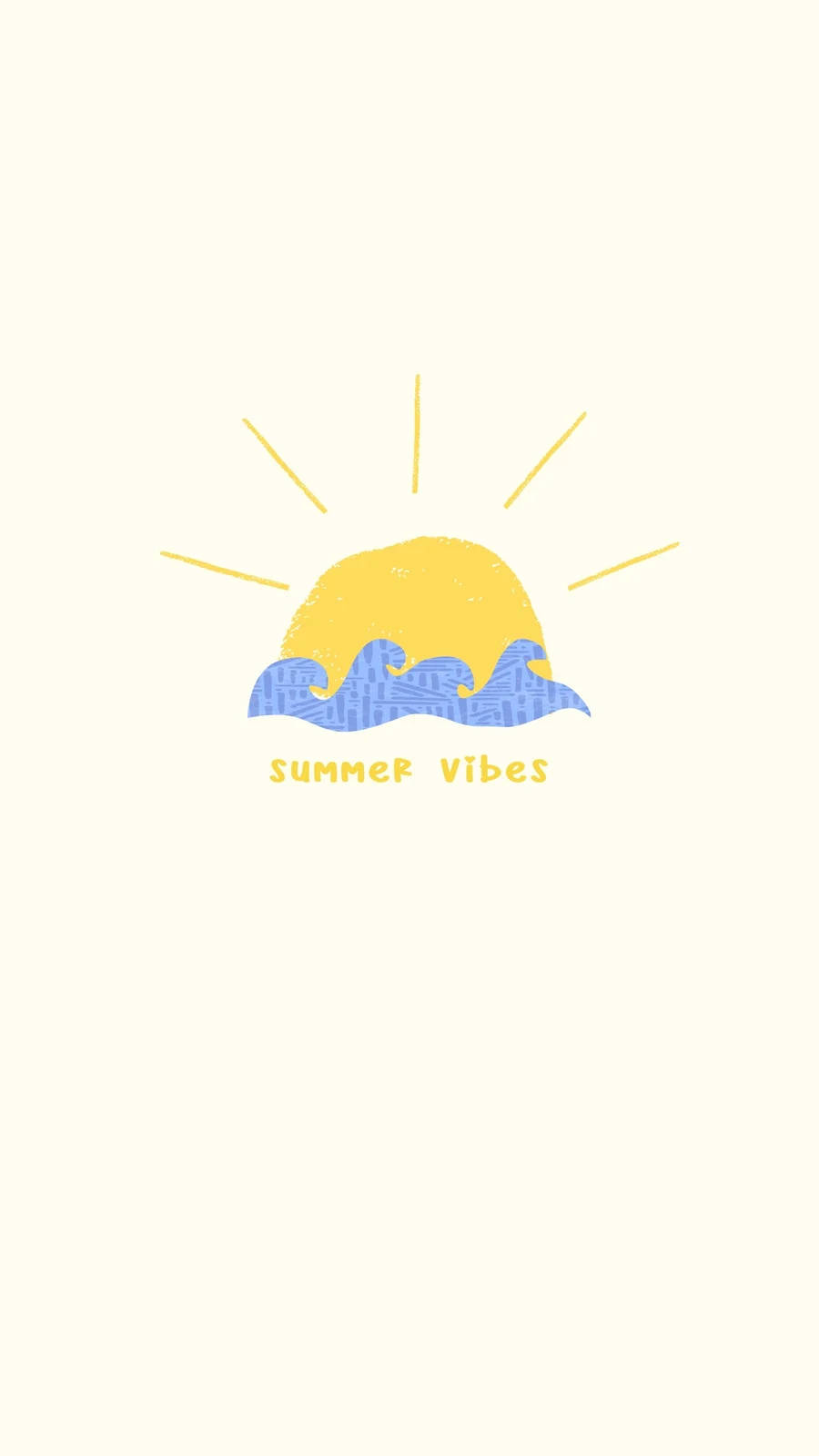 夏天 iPhone 桌布 壁紙 — 一個歡快的黃色太陽帶有光線，在藍色圖案波浪上方升起，背景為淡奶油色，並帶有「summer vibes」文字。