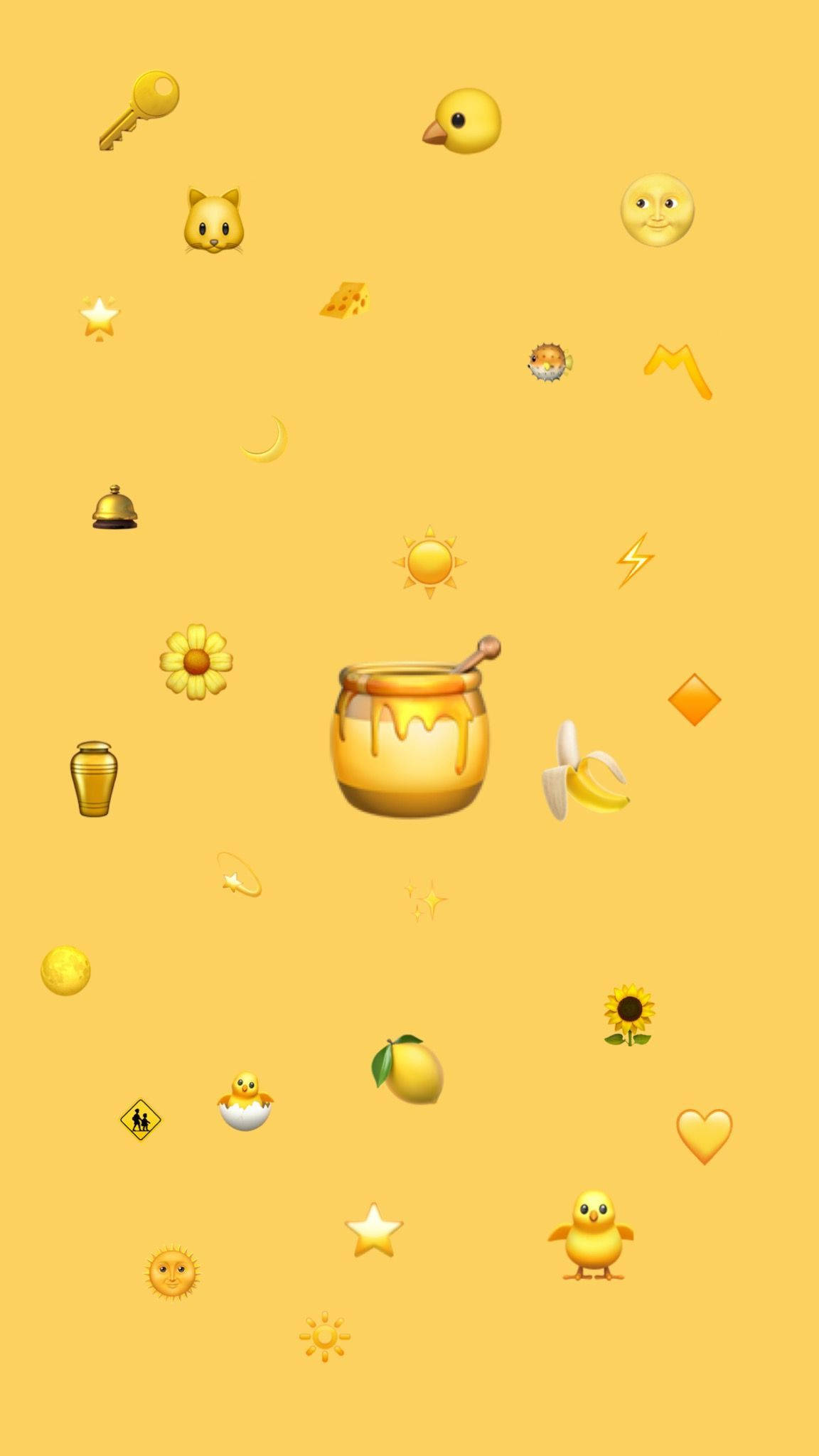 表情符號 桌布 壁紙 — 一個歡快的黃色桌布，上面散落著蜂蜜罐、小雞和太陽等表情符號圖示，背景為純金色。