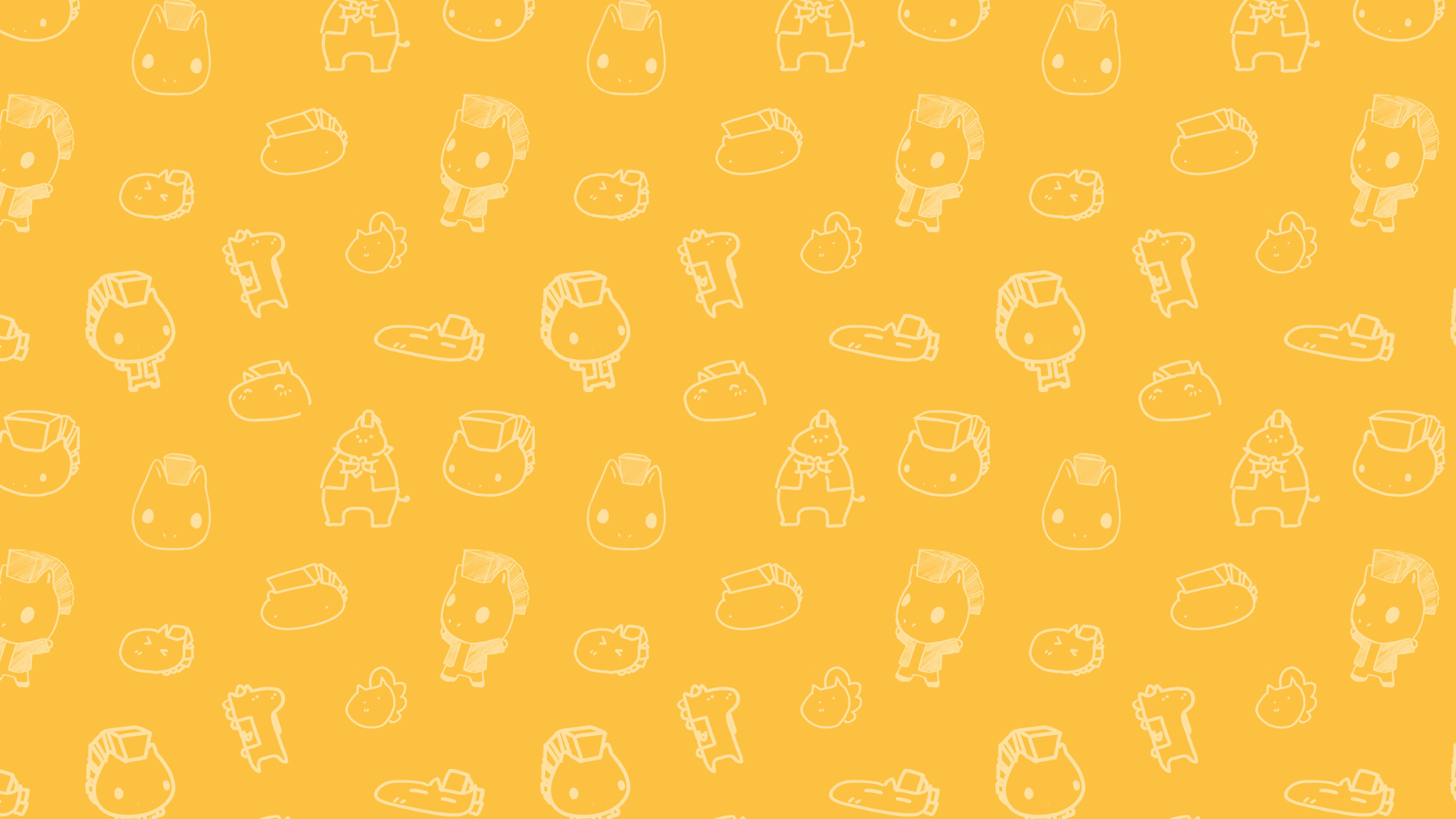 動物 桌布 壁紙 — 一個歡快的黃色背景，充滿了重複的白色線條卡通角色，形成有趣的圖案。
