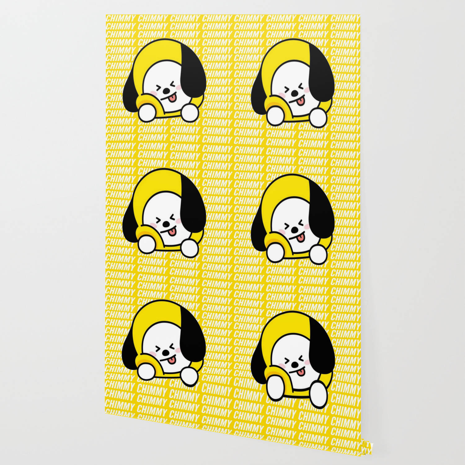 Chimmy 桌布 壁紙 — 一個歡快的黃黑卡通狗角色在明亮的黃色背景上重複，並帶有「CHIMMY」文字。