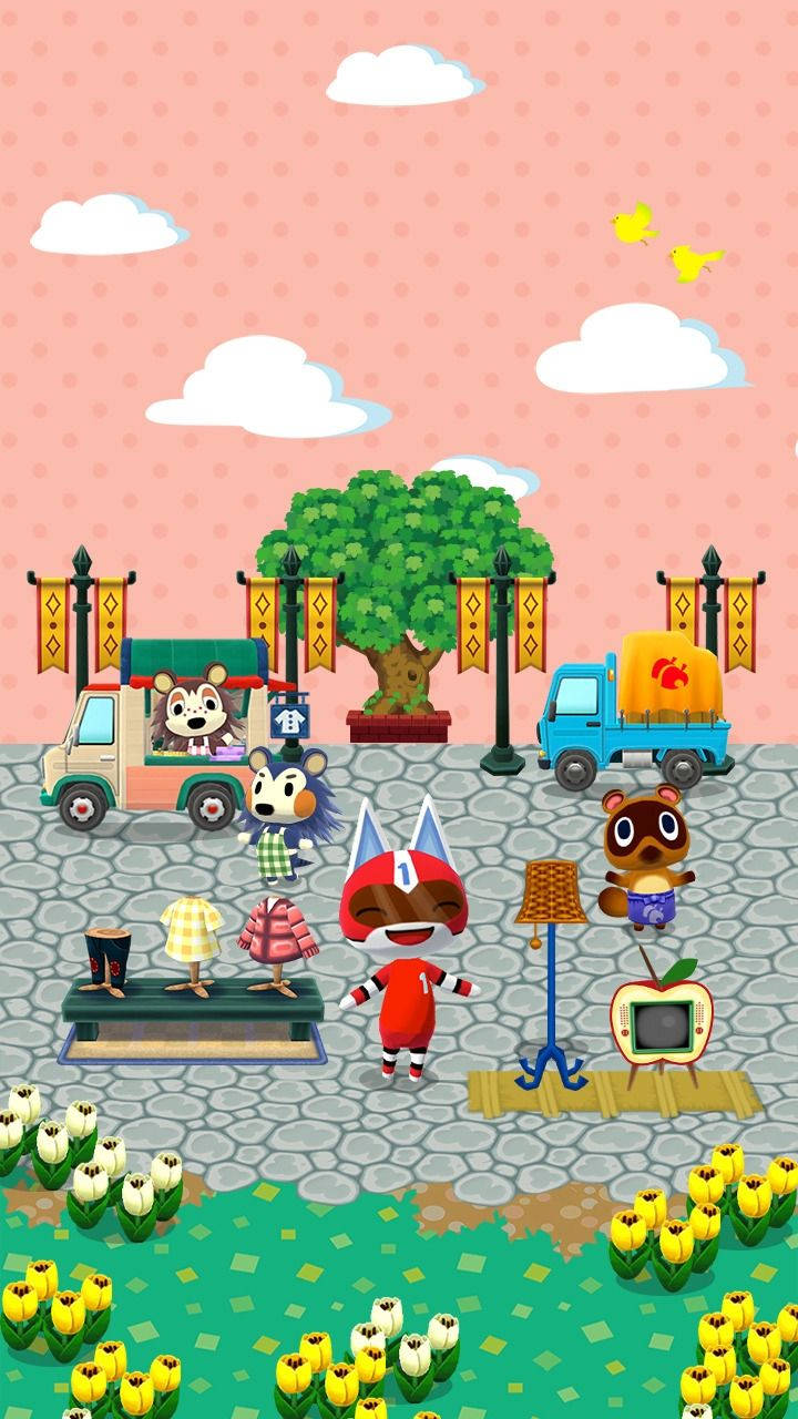 動物森友會 桌布 壁紙 — 一個歡樂的Animal Crossing村莊場景，有擬人化的動物角色、色彩繽紛的卡車和盛開的黃色鬱金香，在粉紅色的天空下。