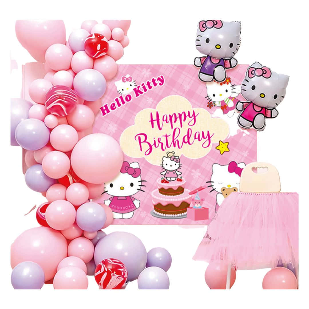 Hello Kitty Birthday 桌布 壁紙 — 一個歡樂的Hello Kitty生日派對佈置，配有粉紅色和紫色氣球、角色橫幅和芭蕾舞裙，背景為白色。