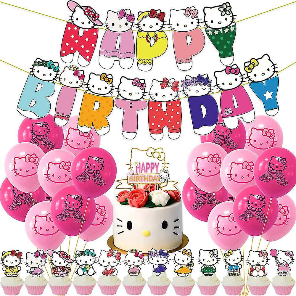 Hello Kitty Birthday 桌布 壁紙 — 一個歡樂的Hello Kitty生日派對佈置，包括氣球、橫幅、蛋糕和杯子蛋糕，全部以標誌性角色為主題，採用明亮的粉紅色和柔和色調。