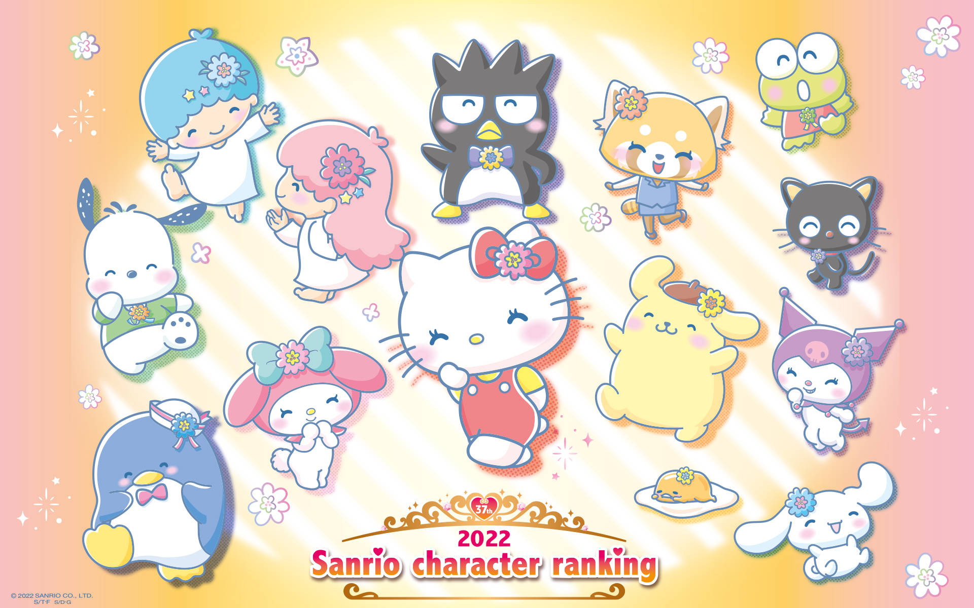 Sanrio角色穿著柔和色調服裝，與花朵和閃光一起漂浮。 — 三麗鷗角色 GIF 壁紙