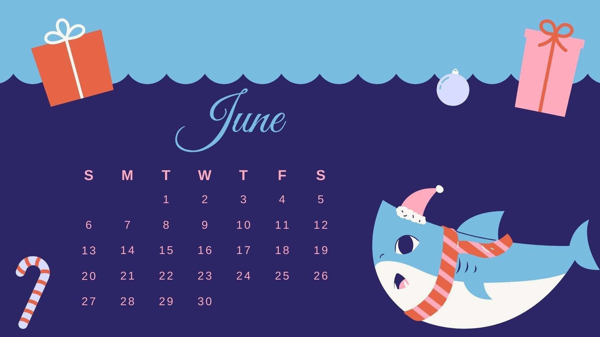 June 桌布 壁紙 — 一個歡樂的六月日曆，卡通鯊魚戴著聖誕帽和圍巾，被禮物和拐杖糖包圍，背景是藍色波浪。