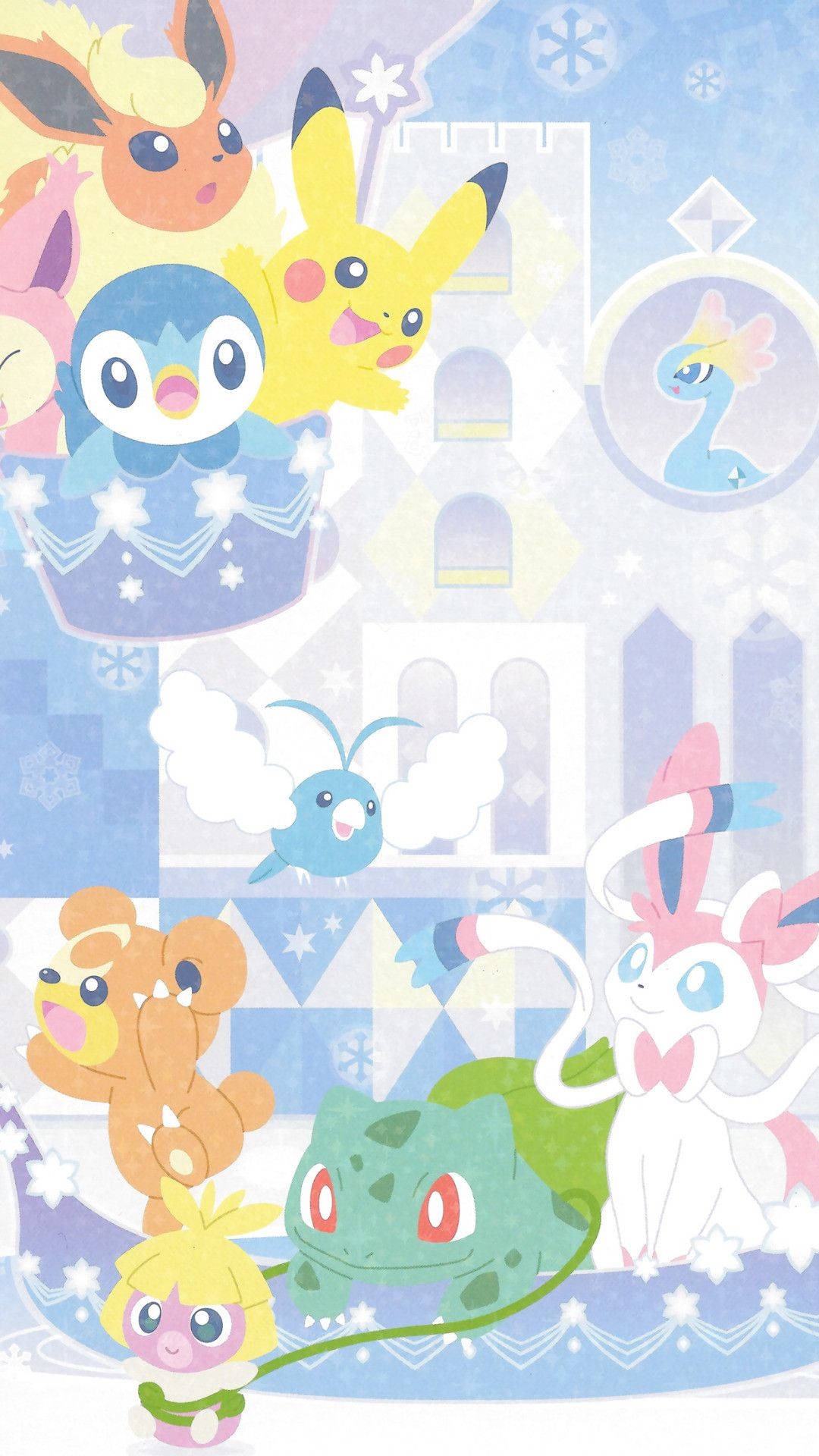 Sylveon 桌布 壁紙 — 一個歡樂的冬季主題桌布， featuring 多個寶可夢角色在雪城堡中，配有雪花和冰凍圖案。