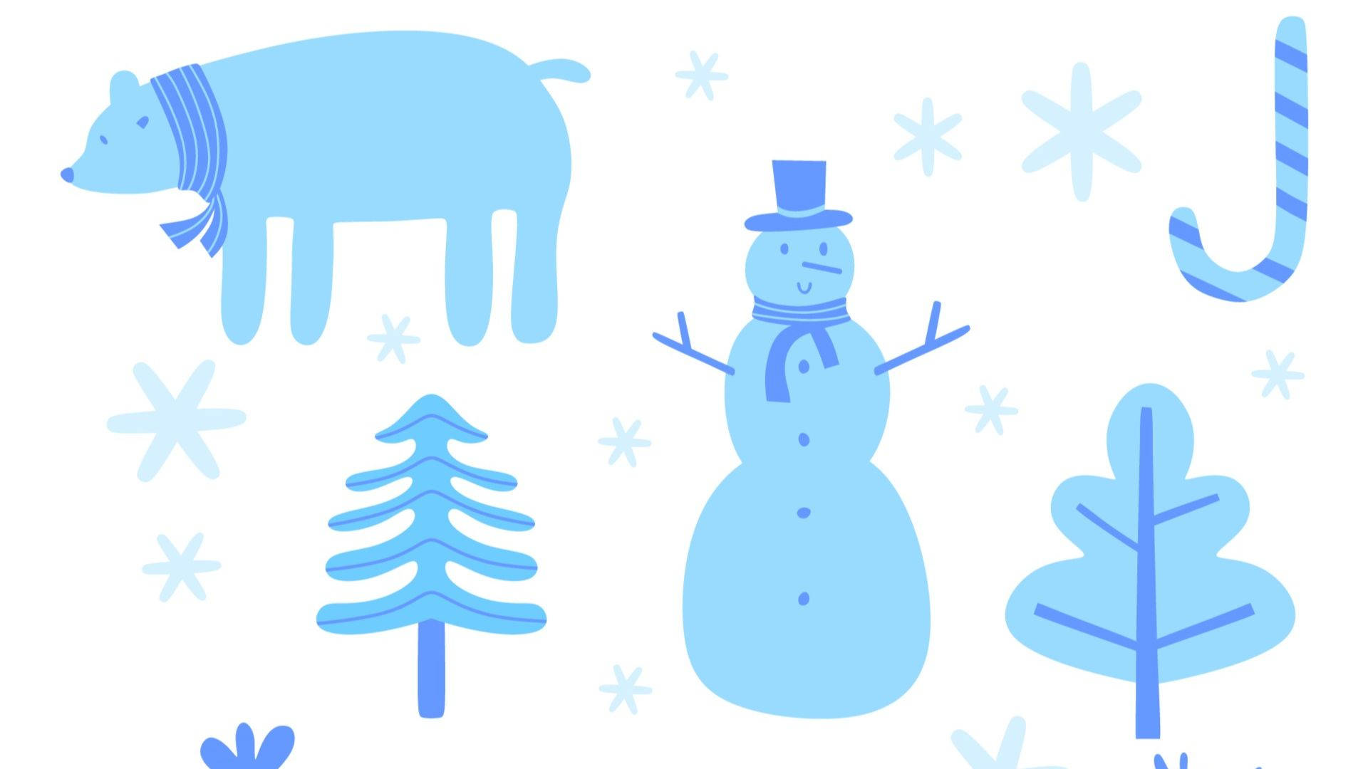 Kawaii Christmas 桌布 壁紙 — 一個歡樂的冬季場景，有雪人、熊、樹木和糖果手杖，採用柔和的藍色調。
