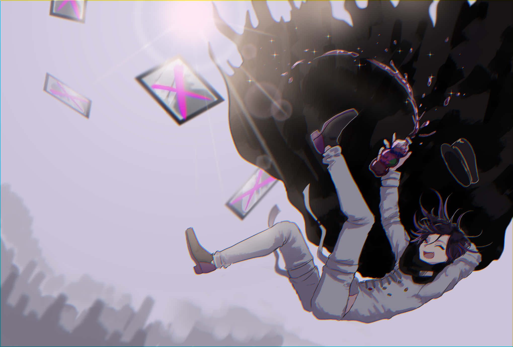falling 桌布 壁紙 — 一個歡樂的動漫角色在明亮的天空背景下，倒掛在漂浮的粉紅色X標記卡片和黑色墨水飛濺之間。