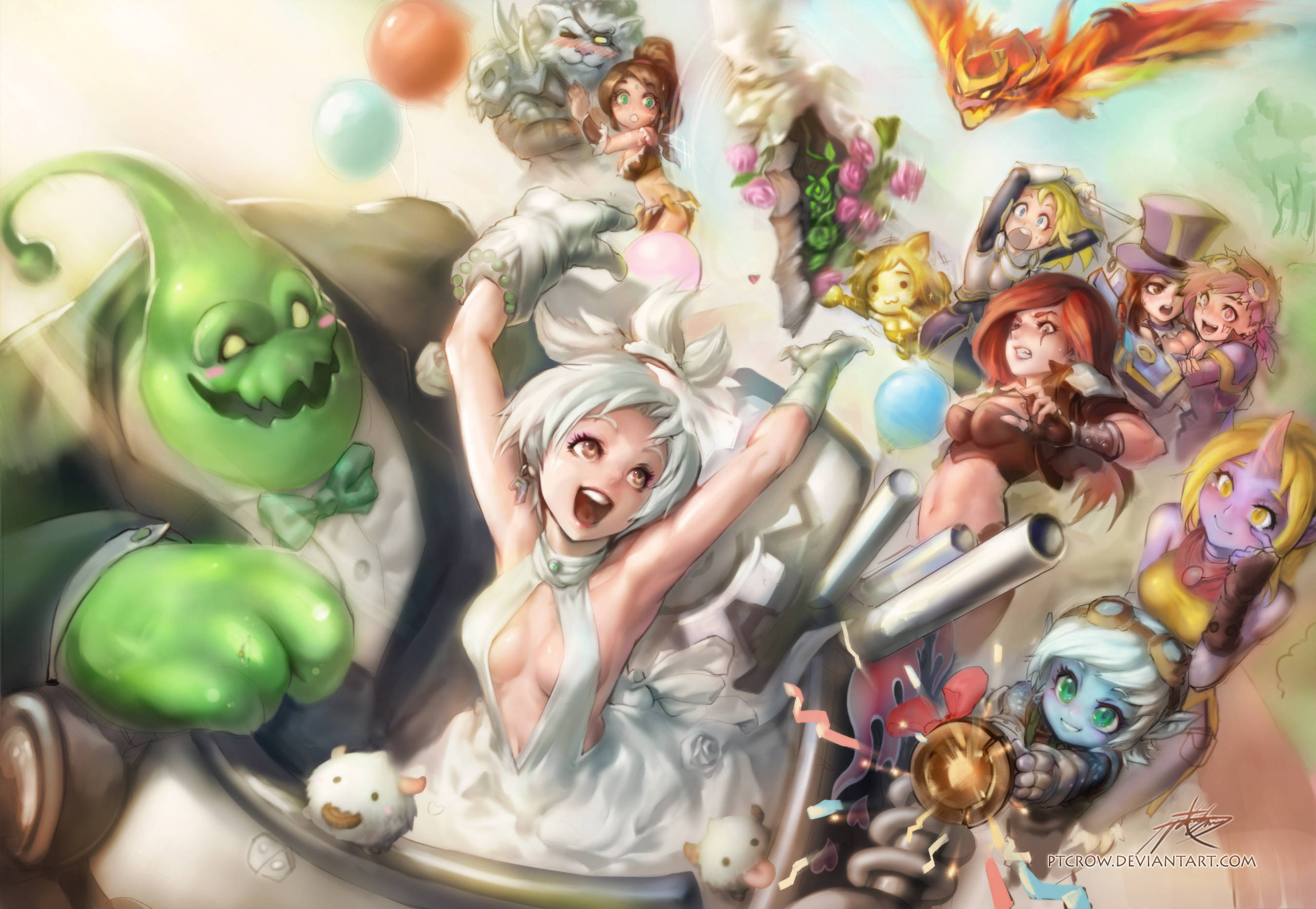 Wedding Aesthetic 桌布 壁紙 — 一個歡樂的動漫風格慶祝場景，包含多種奇幻角色，包括綠色哥布林、白髮新娘和漂浮的氣球。