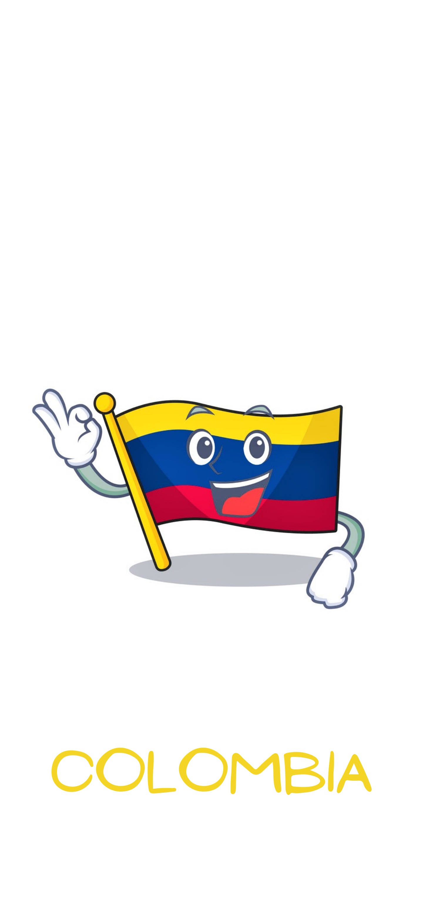 Colombia Flag 桌布 壁紙 — 一個歡樂的卡通哥倫比亞國旗，有眼睛和嘴巴，一邊揮舞一邊高興地握著自己的旗桿。