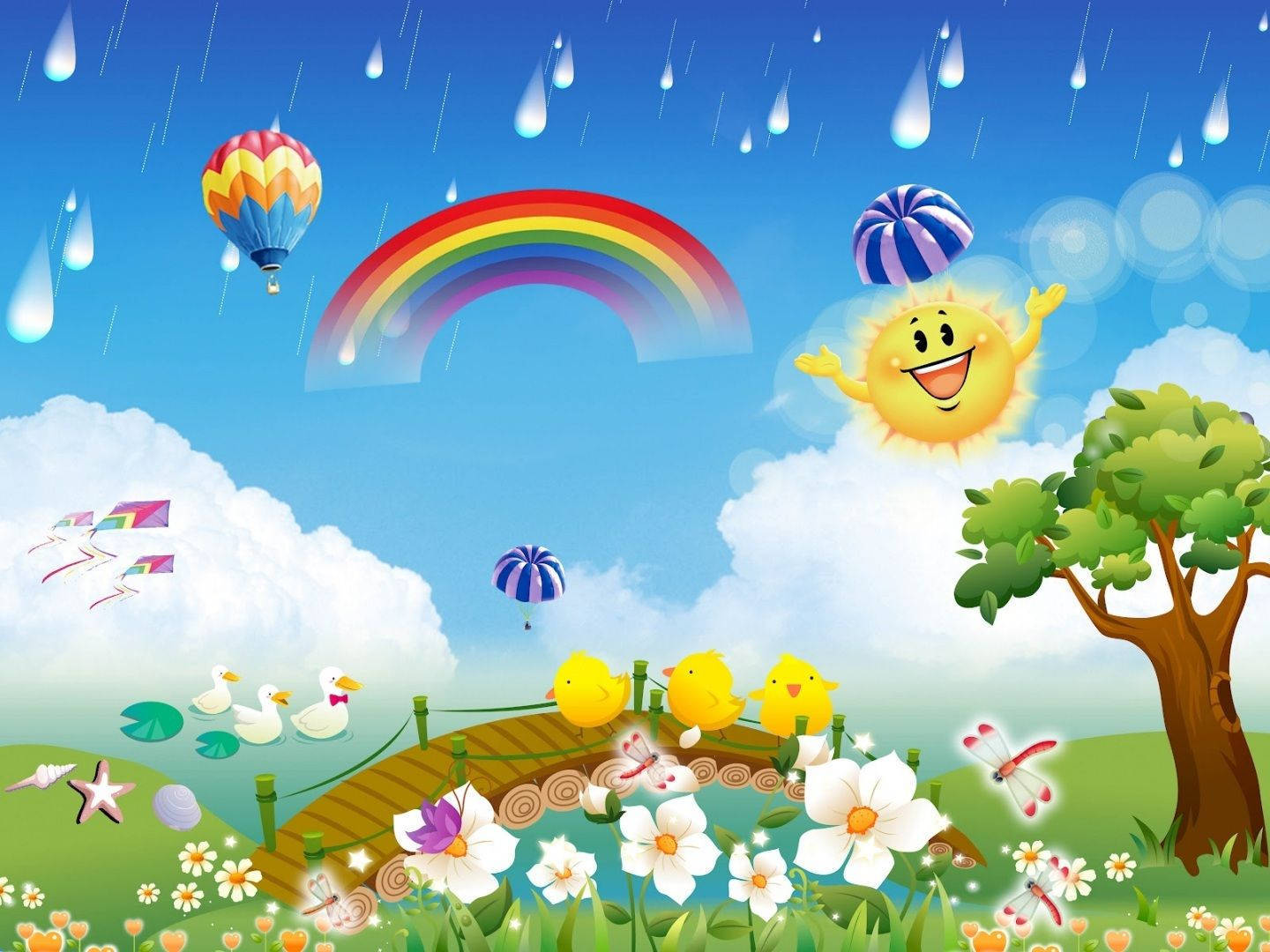 Cartoon 桌布 壁紙 — 一個歡樂的卡通場景，有微笑的太陽、彩虹、雨滴、熱氣球，以及池塘上橋上的黃色小雞。