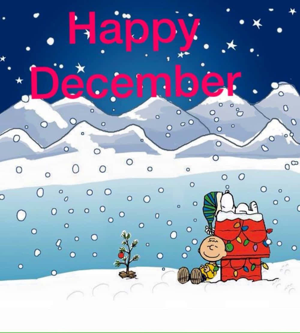 桌布 壁紙 — 一個歡樂的卡通場景顯示查理布朗和史努比在雪地景觀中，有山脈和飄落的雪花，在星空下。