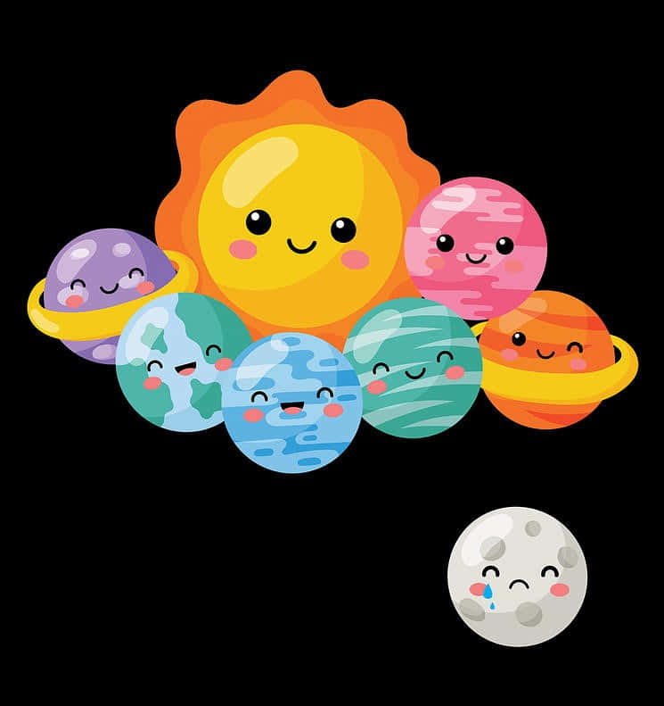 太陽系 桌布 壁紙 — 一個歡樂的卡通太陽系，有微笑的太陽和行星，包括一個哭泣的月亮，在黑色背景上。