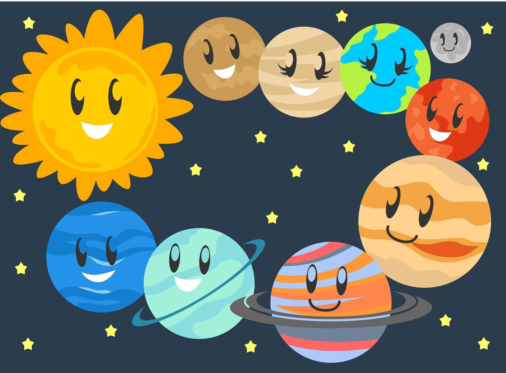 太陽系 桌布 壁紙 — 一個歡樂的卡通太陽系，有微笑的太陽和行星在閃爍的星星之間漂浮。