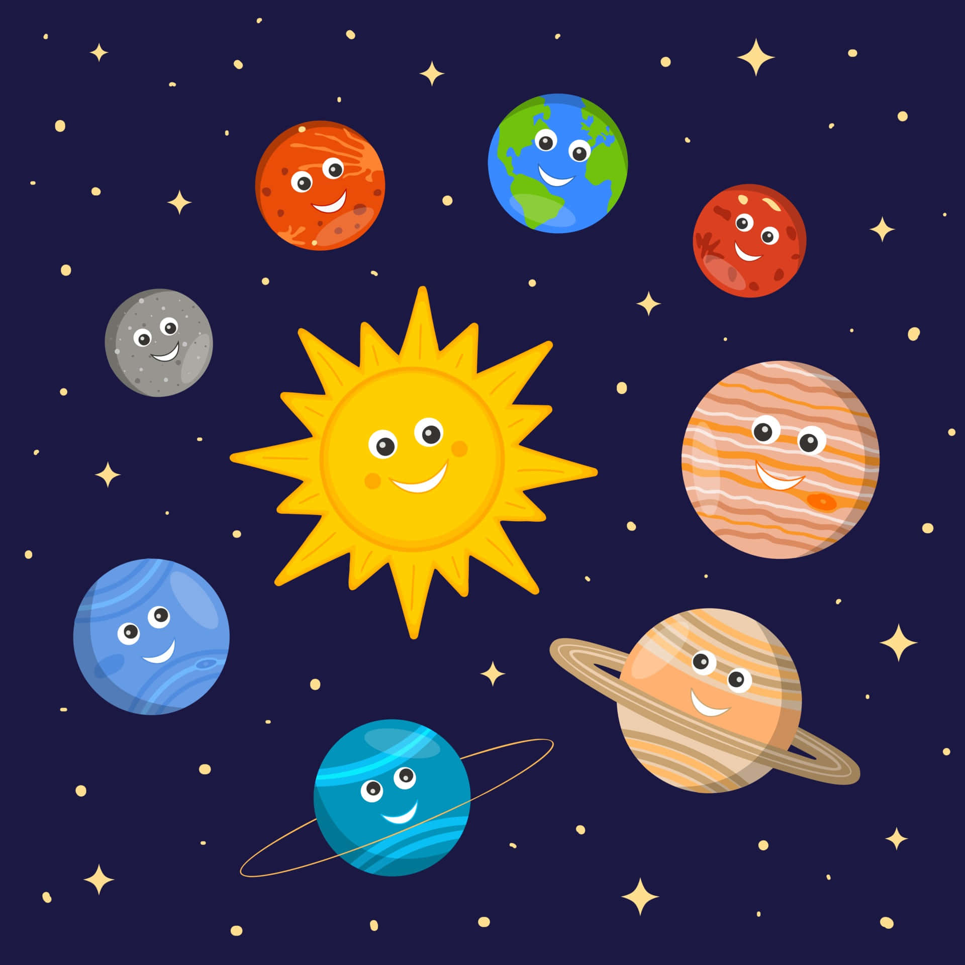 太陽系 桌布 壁紙 — 一個歡樂的卡通太陽系，有微笑的太陽和行星在閃爍的星星之間漂浮。