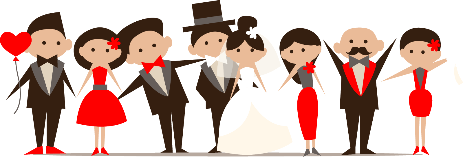 Wedding Free 桌布 壁紙 — 一個歡樂的卡通婚禮派對，新娘、新郎和賓客穿著正式服裝，手持紅色氣球和鮮花。