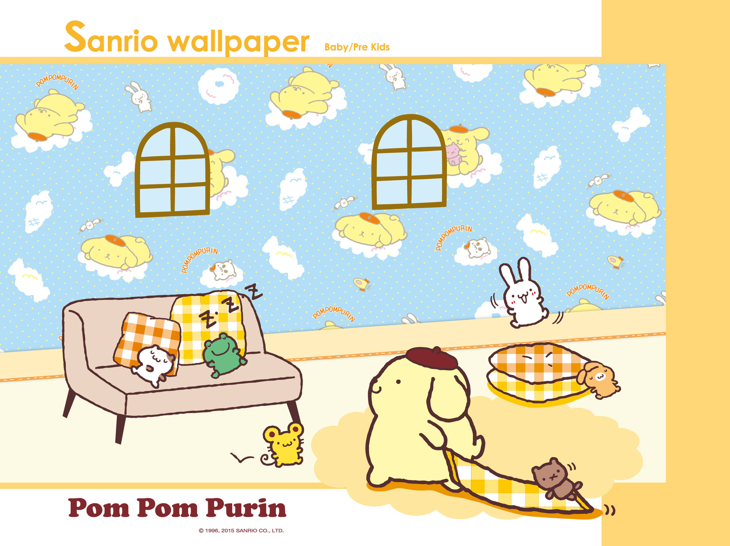 Cute Cartoon Dog 桌布 壁紙 — 一個歡樂的卡通房間，Pom Pom Purin 和朋友們在格紋枕頭上休息，背景是藍天壁紙，有漂浮的角色。