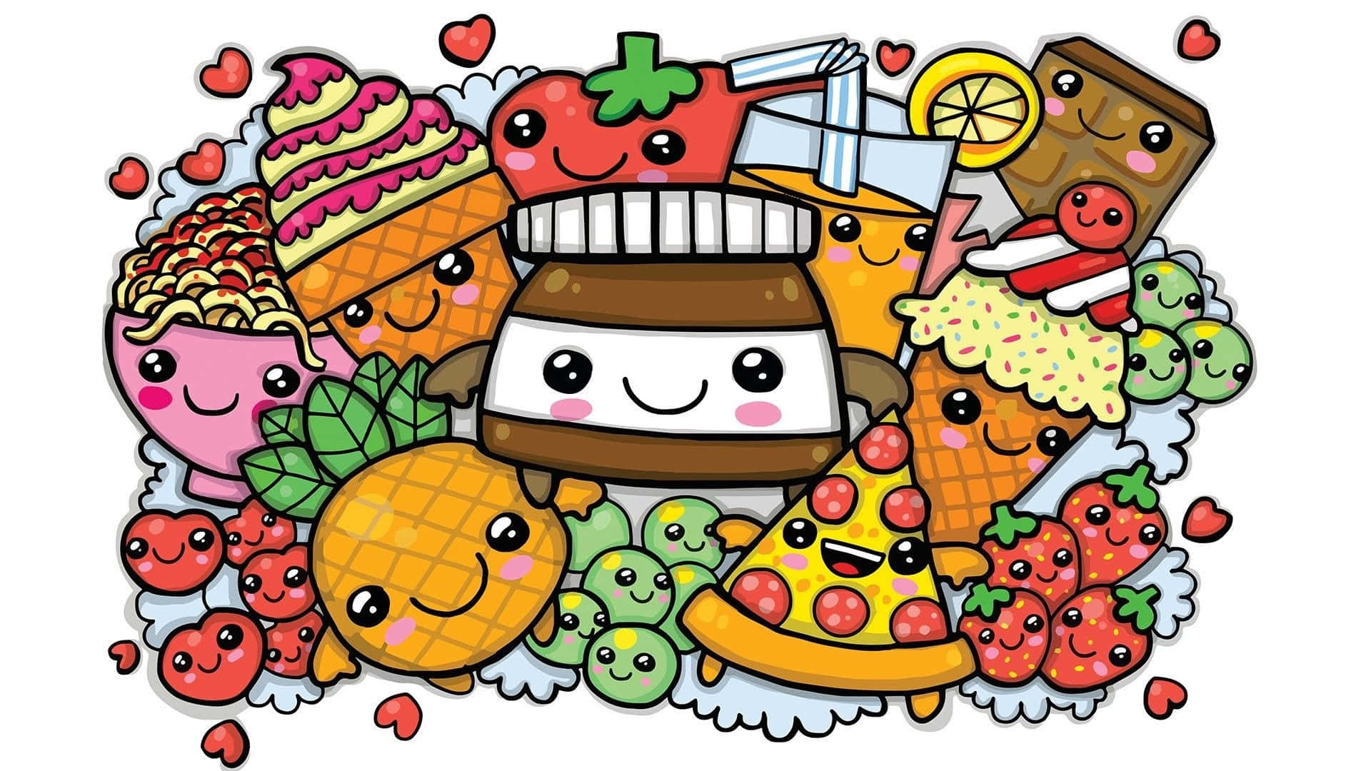 Cute Food 桌布 壁紙 — 一個歡樂的卡通拼貼，包含微笑的食物如披薩、冰淇淋和草莓，周圍環繞著愛心。