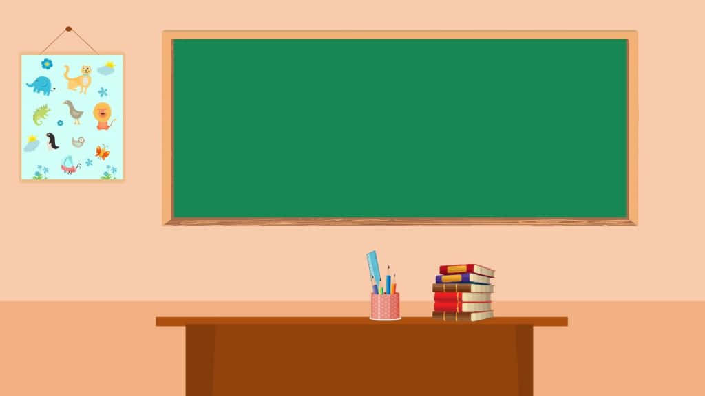Virtual Classroom 桌布 壁紙 — 一個歡樂的卡通教室，配有綠色黑板、木桌、疊放的書籍，以及桃色牆上色彩繽紛的動物海報。