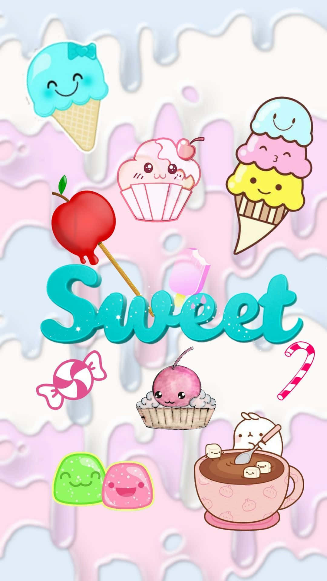 Desserts 桌布 壁紙 — 一個歡樂的卡通桌布，有微笑的冰淇淋甜筒、杯子蛋糕和糖果漂浮在粉紅色和藍色的牛奶潑濺背景上。