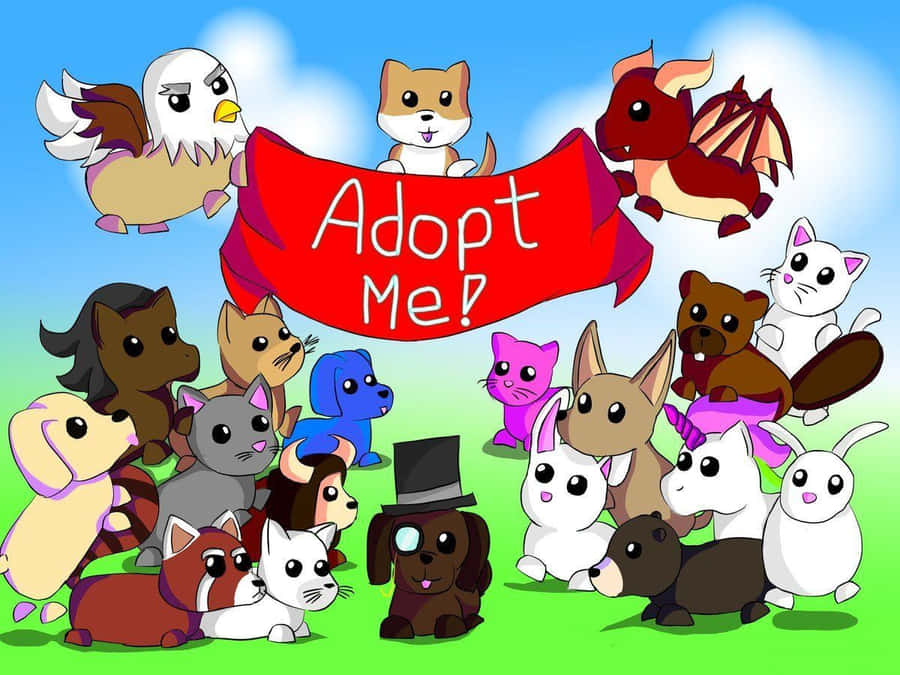 Adopt Me 桌布 壁紙 — 一個歡樂的卡通橫幅，上面寫著「Adopt Me!」，周圍有各種可愛的動物，如狗、貓、兔子和一條龍，在藍天下。