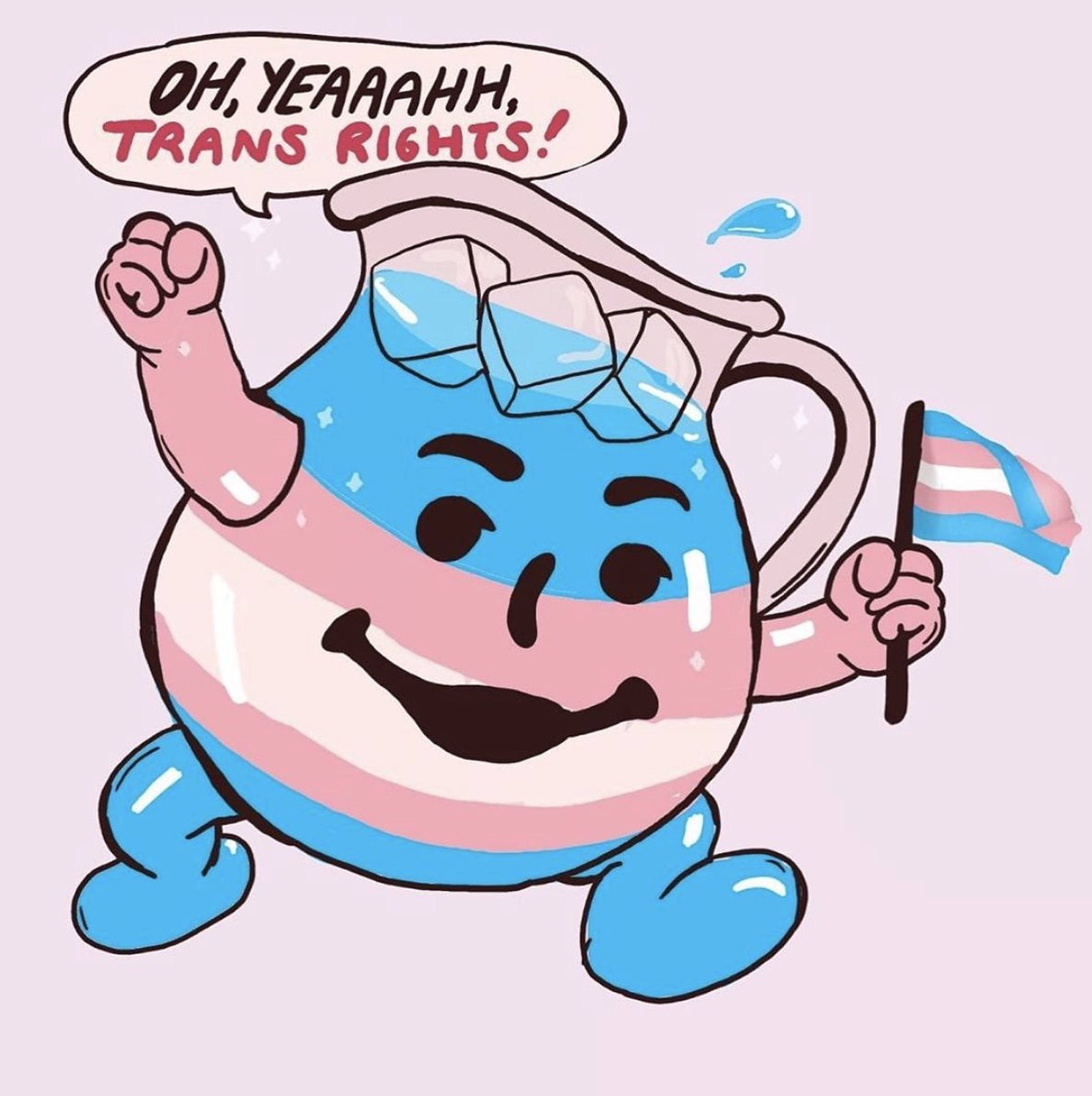 Kool Aid 小幫手 桌布 壁紙 — 一個歡樂的卡通水壺帶有跨性別旗幟條紋，一邊拿著跨性別旗幟，一邊舉起拳頭歡呼。