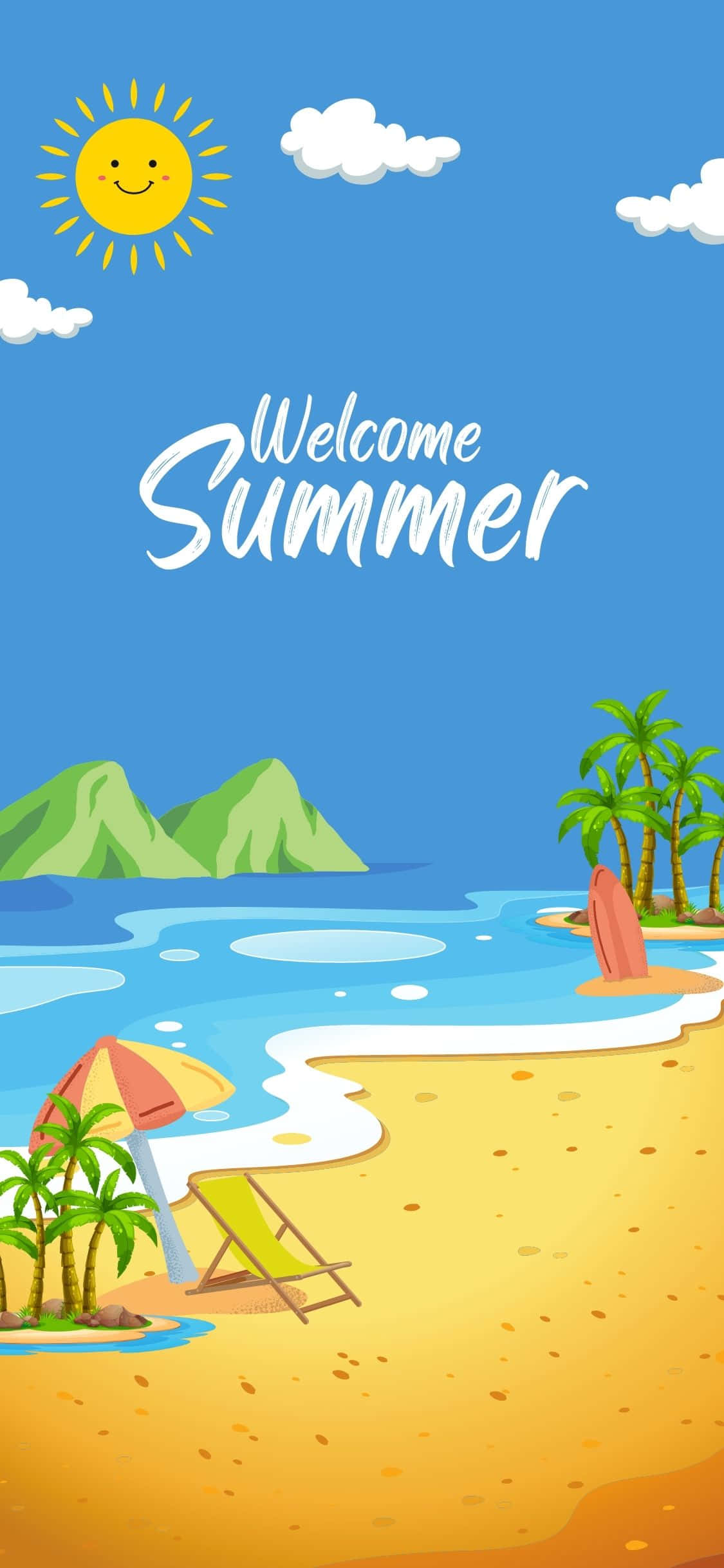 Summertime 桌布 壁紙 — 一個歡樂的卡通海灘場景，有微笑的太陽、棕櫚樹和夏日歡迎標誌下的躺椅。