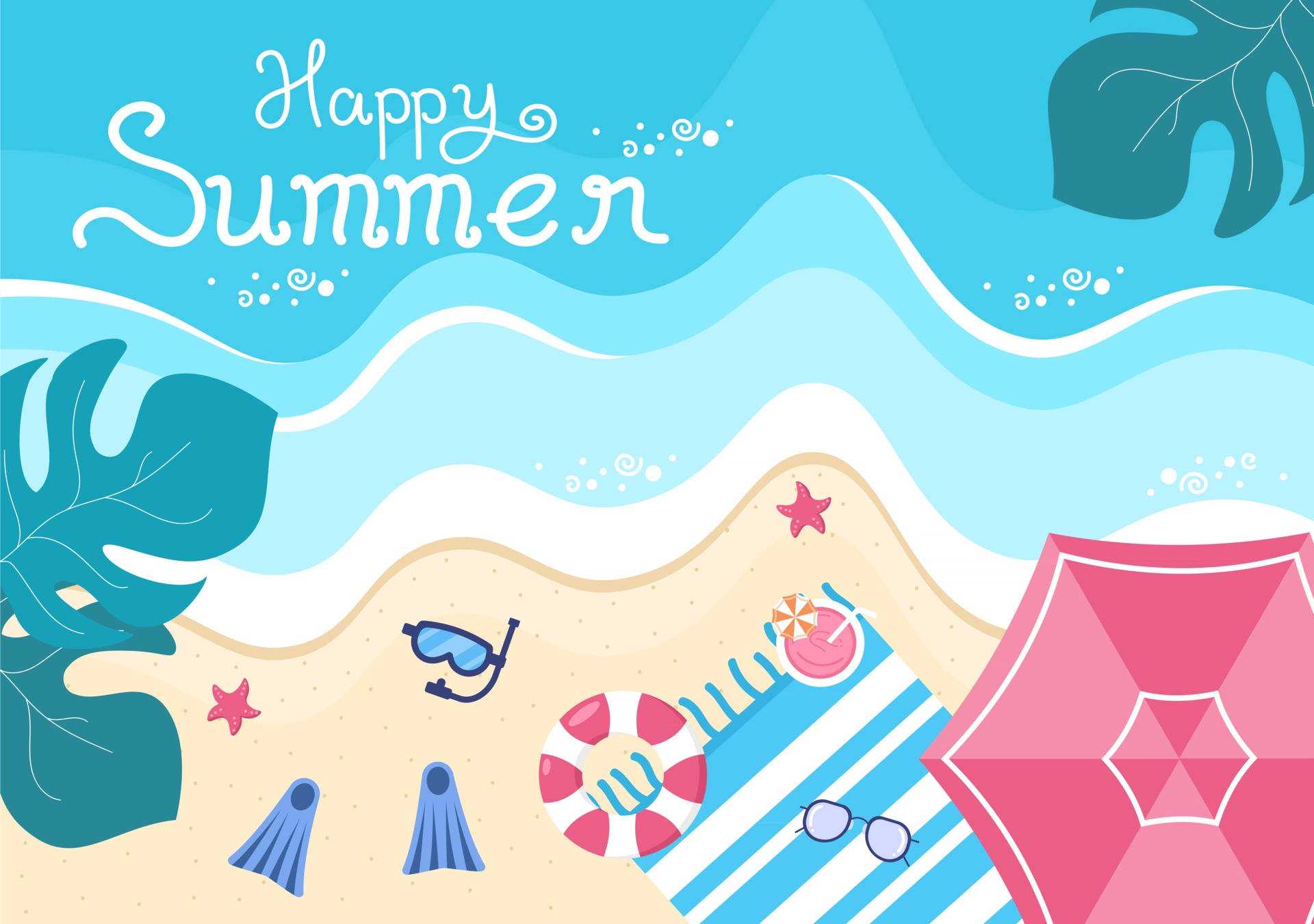 夏日海灘，有粉紅色遮陽傘、條紋毛巾、救生圈和熱帶樹葉。