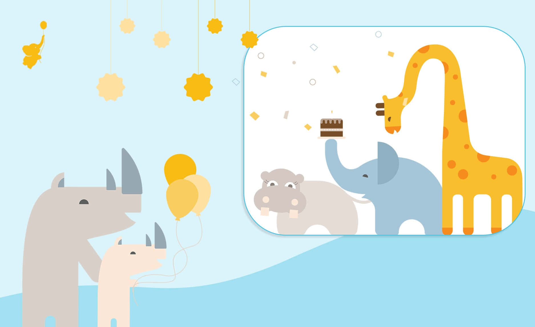 Baby Shower 桌布 壁紙 — 一個歡樂的卡通生日場景，長頸鹿、大象和河馬用蛋糕和黃色氣球慶祝。