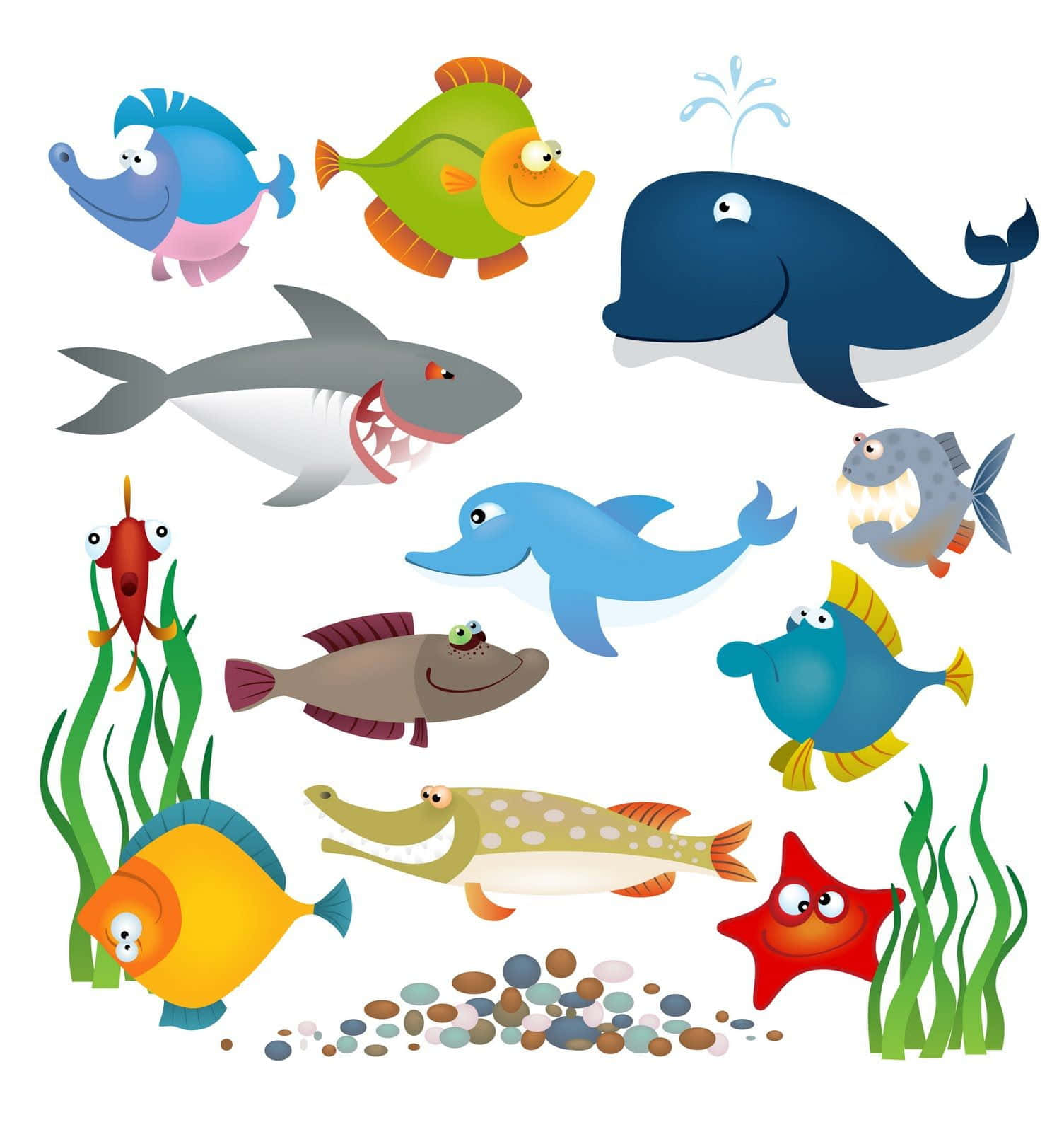 Kawaii Sea Creatures 桌布 壁紙 — 一個歡樂的卡通系列，包含色彩繽紛的海洋生物，包括魚、鯊魚、海豚和一隻鯨魚在海藻和鵝卵石之間游泳。