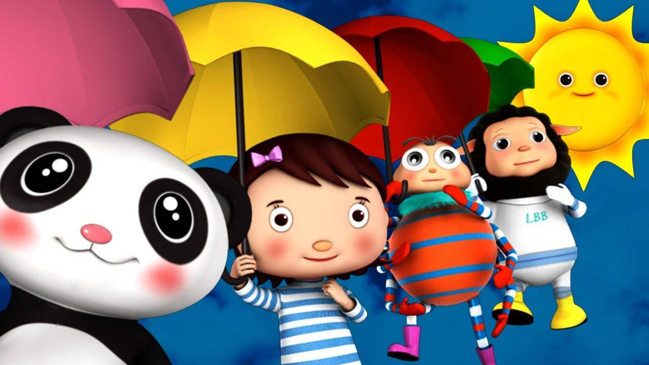 小孩動圖 桌布 壁紙 — 一個歡樂的卡通群體，有一個熊貓女孩在微笑的太陽下拿著黃色雨傘。