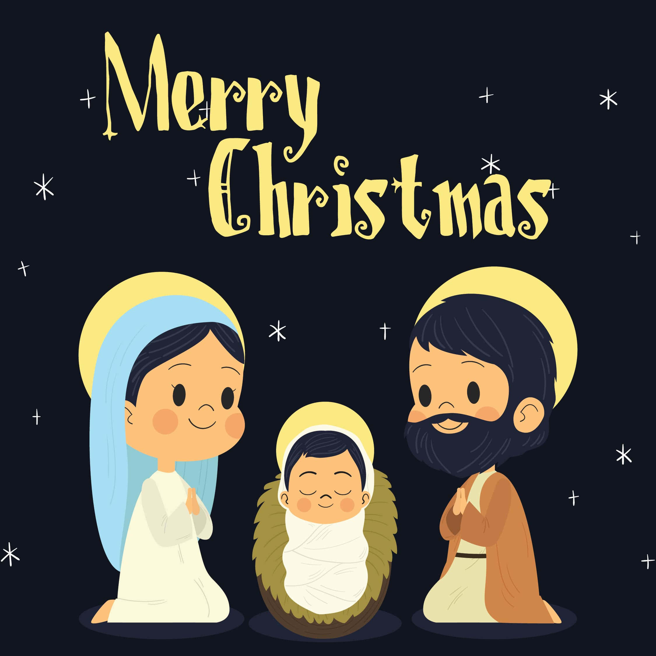Religious Christmas 桌布 壁紙 — 一個歡樂的卡通耶穌誕生場景，有瑪利亞、約瑟和嬰兒耶穌，在星空下，並帶有「聖誕快樂」文字。