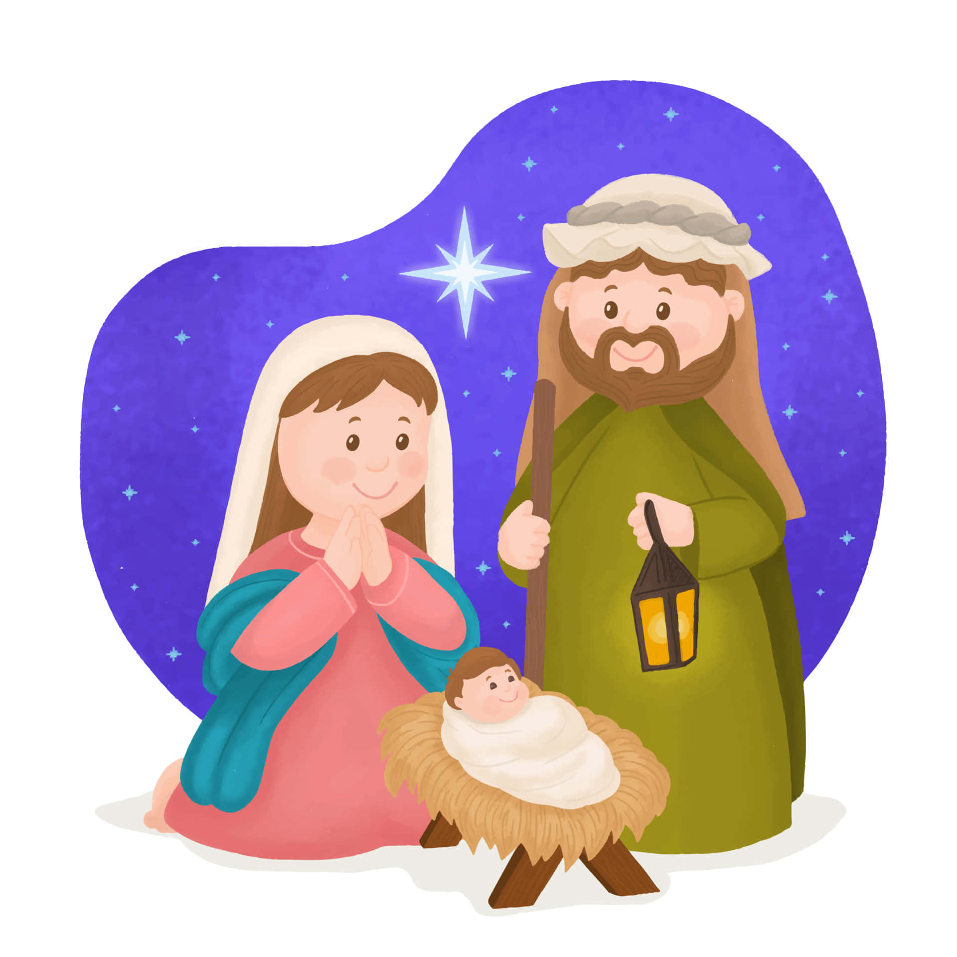 Nativity Scene 桌布 壁紙 — 一個歡樂的卡通耶穌誕生場景，有瑪利亞、約瑟和嬰孩耶穌，在繁星點點的紫色天空下。