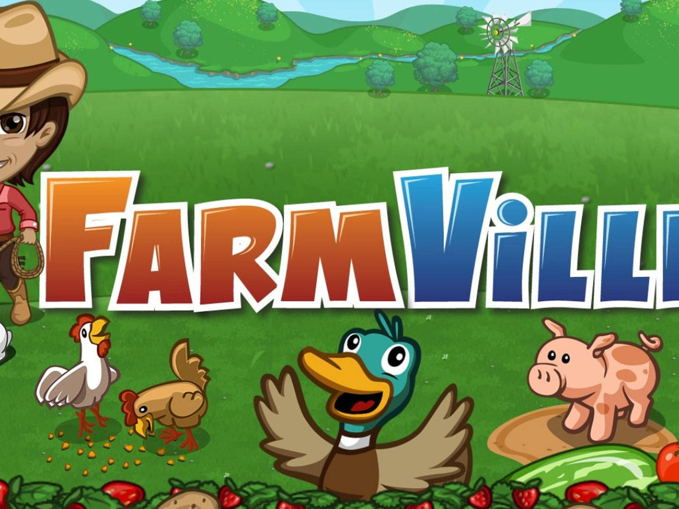 Farm 桌布 壁紙 — 一個歡樂的卡通農場場景，有女農夫、鴨子、雞、豬和草莓，在明亮的天空下。