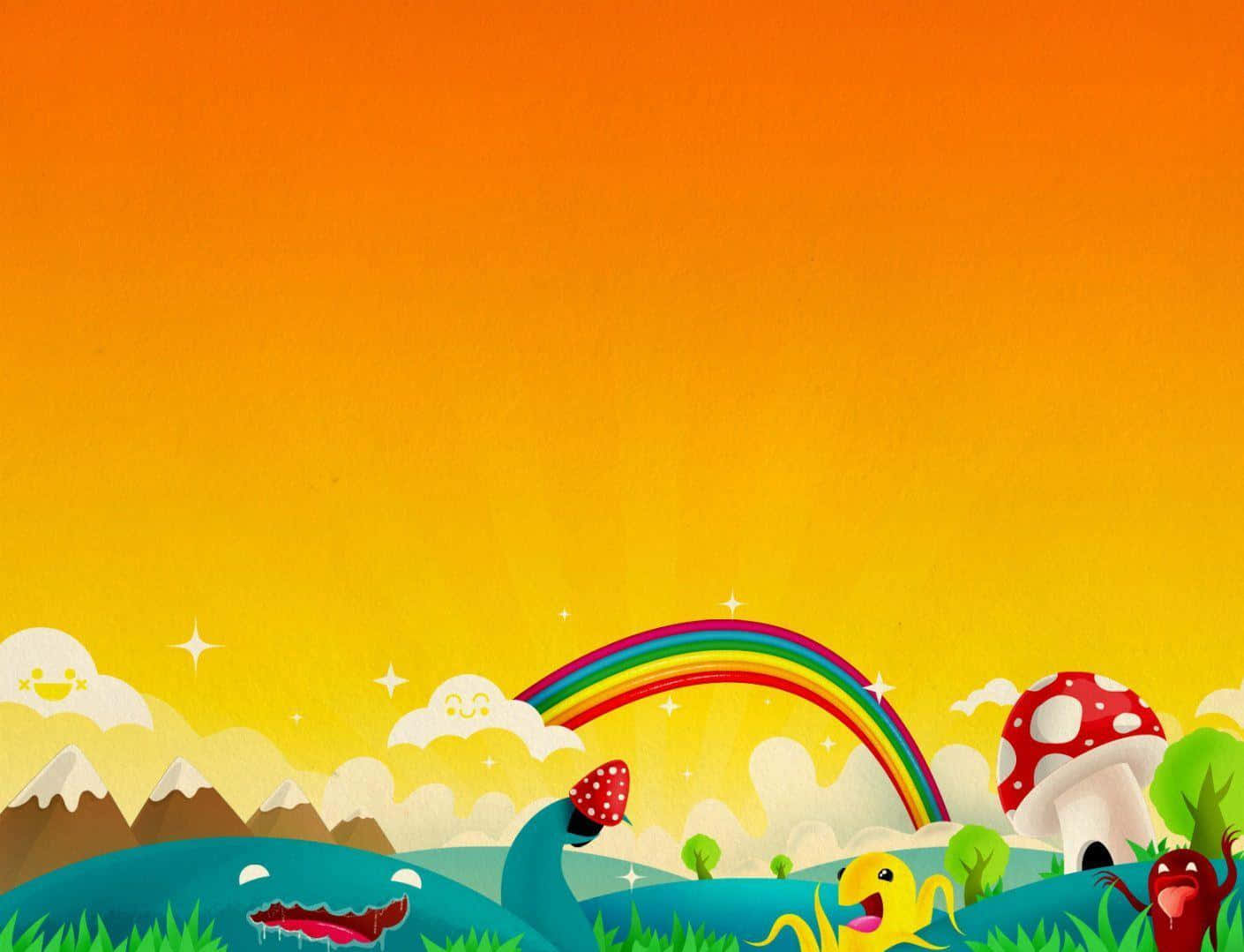 小孩動圖 桌布 壁紙 — 一個歡樂的卡通風景，有彩虹、微笑的雲朵和友善的生物，在溫暖的橙色天空下。