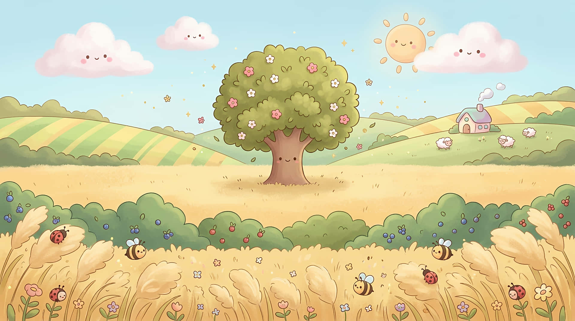 Whimsical Kawaii Countryside with Smiling Tree and Sun 壁紙 — 一個歡樂的卡通風景，有微笑的太陽、蓬鬆的雲朵、開花的樹、蜜蜂、瓢蟲和靠近小屋的羊。