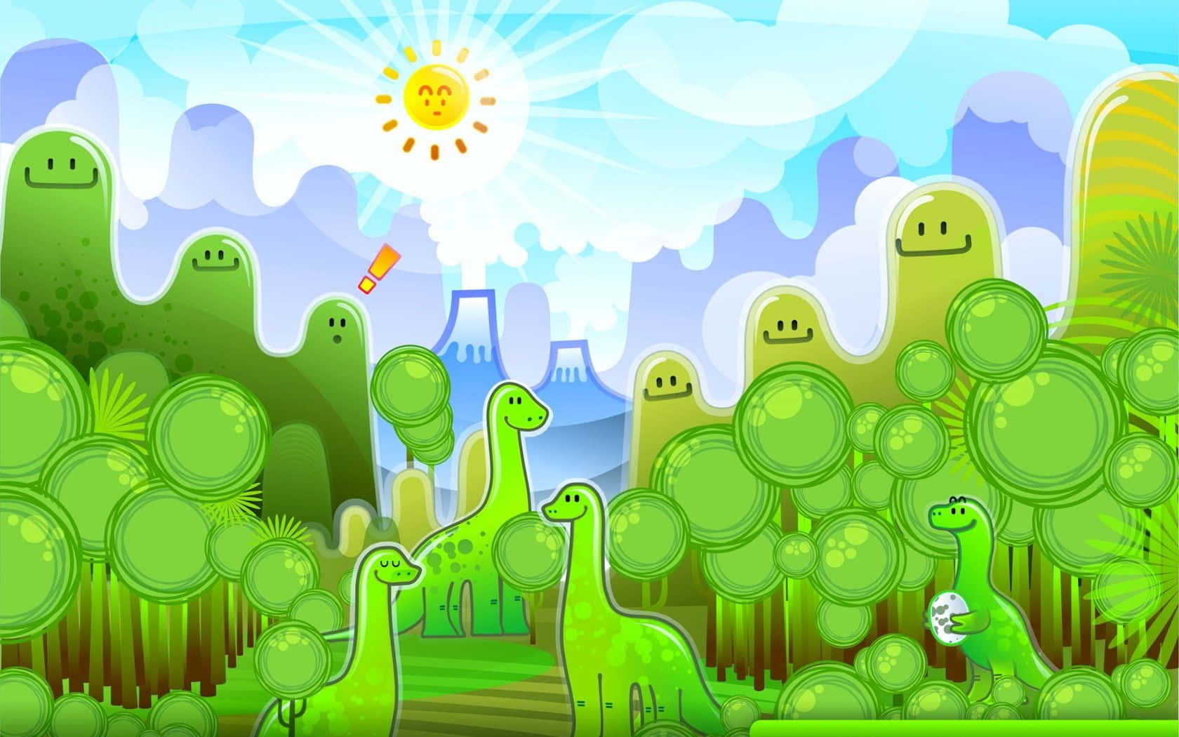 dinosaurs 桌布 壁紙 — 一個歡樂的卡通風景，有微笑的綠色恐龍和樹木，在一個帶有快樂臉孔的明亮太陽下。