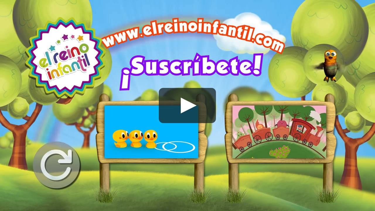 Cartoon 桌布 壁紙 — 一個歡樂的卡通風景，有綠樹、黃鴨和紅色火車，在藍天白雲下。