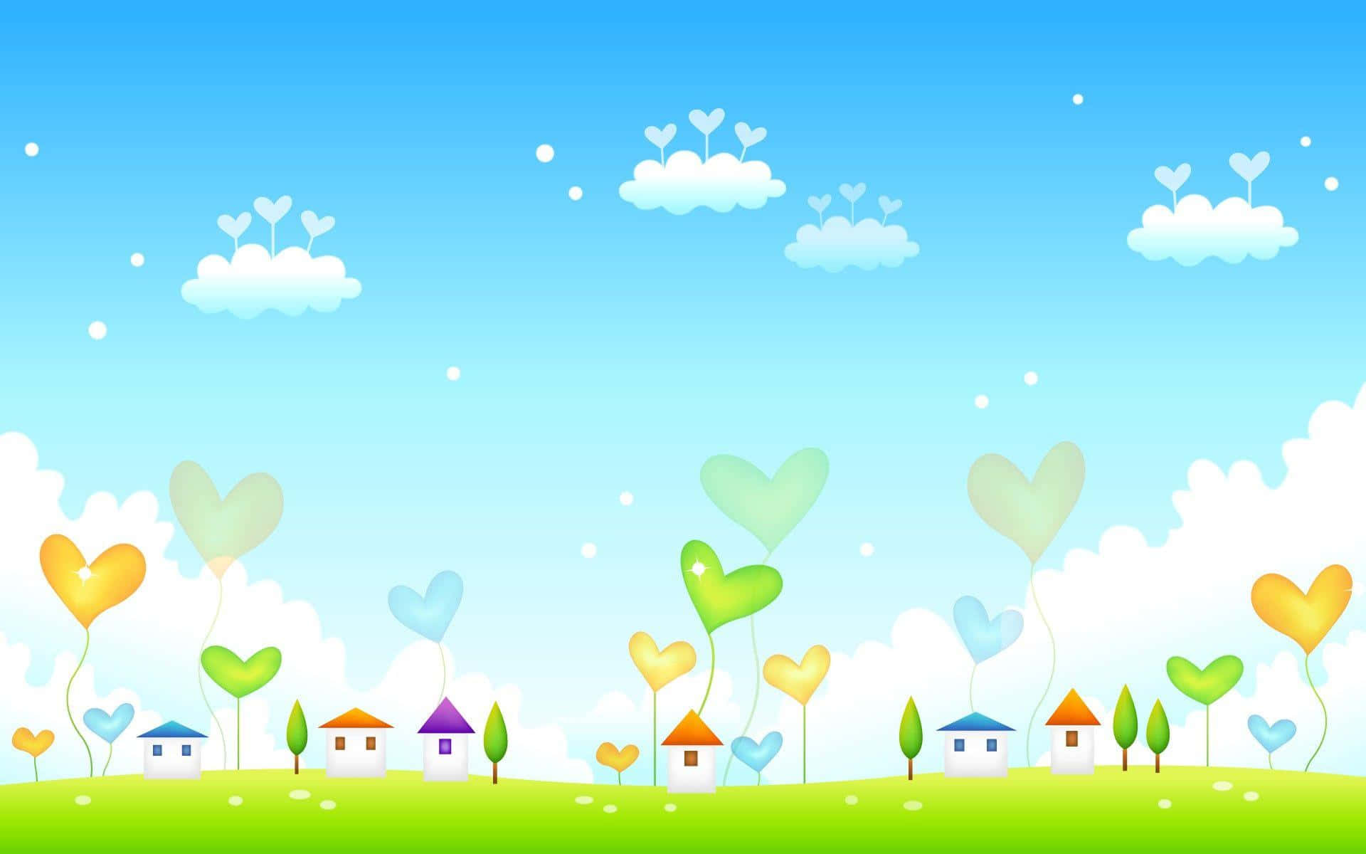 小孩動圖 桌布 壁紙 — 一個歡樂的卡通風景，色彩繽紛的心形氣球漂浮在一排小房子上方，房子位於綠色山丘上，天空湛藍，有愛心形狀的雲朵。