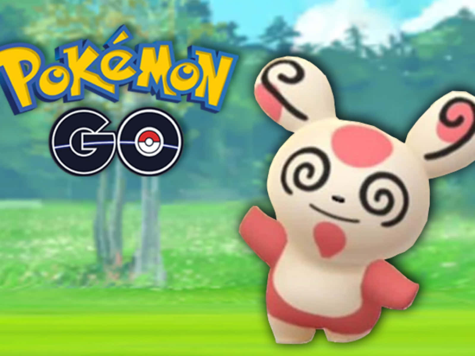 寶可夢 桌布 壁紙 — 一個歡樂的卡通風格 Pokémon Go 標誌，有一個可愛的粉紅色和白色漩渦圖案的神奇寶貝站在明亮的綠色草地上。
