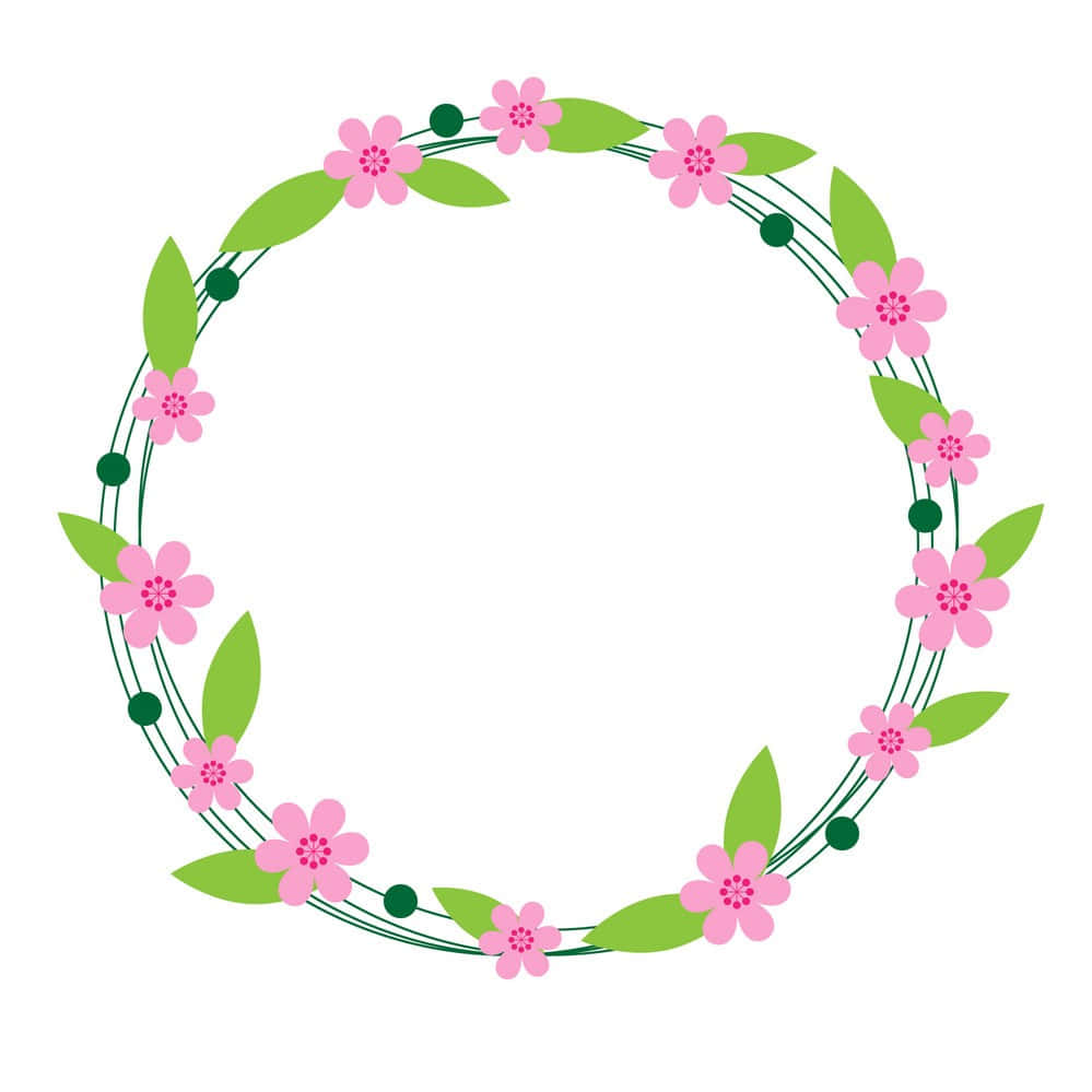 Cute Floral 桌布 壁紙 — 一個歡樂的圓形花環，點綴著粉紅色的花朵、綠色的葉子和深綠色的珠子，放在潔白的背景上。