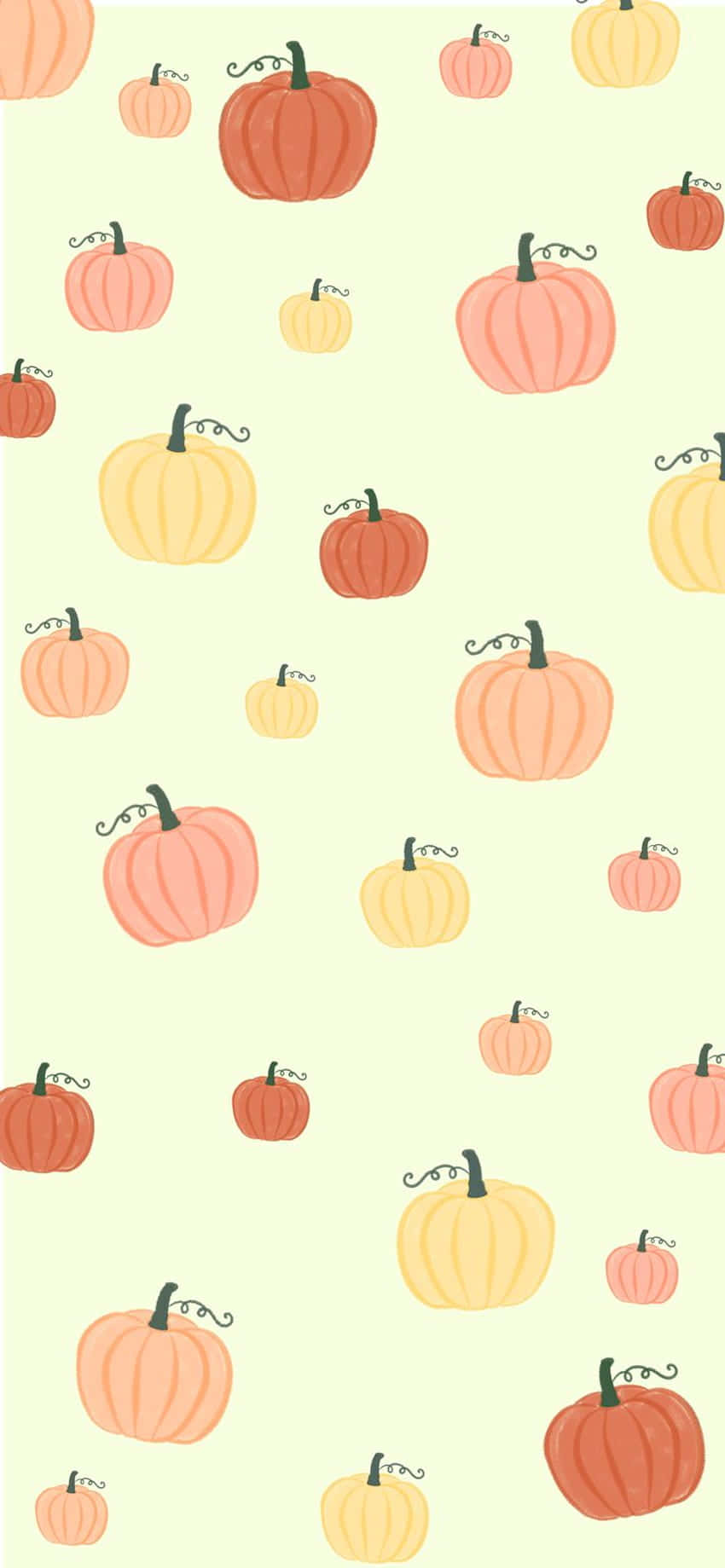 Autumn Pumpkin iPhone 桌布 壁紙 — 一個歡樂的圖案，以溫暖秋色調的風格化南瓜散佈在柔和的薄荷色背景上。