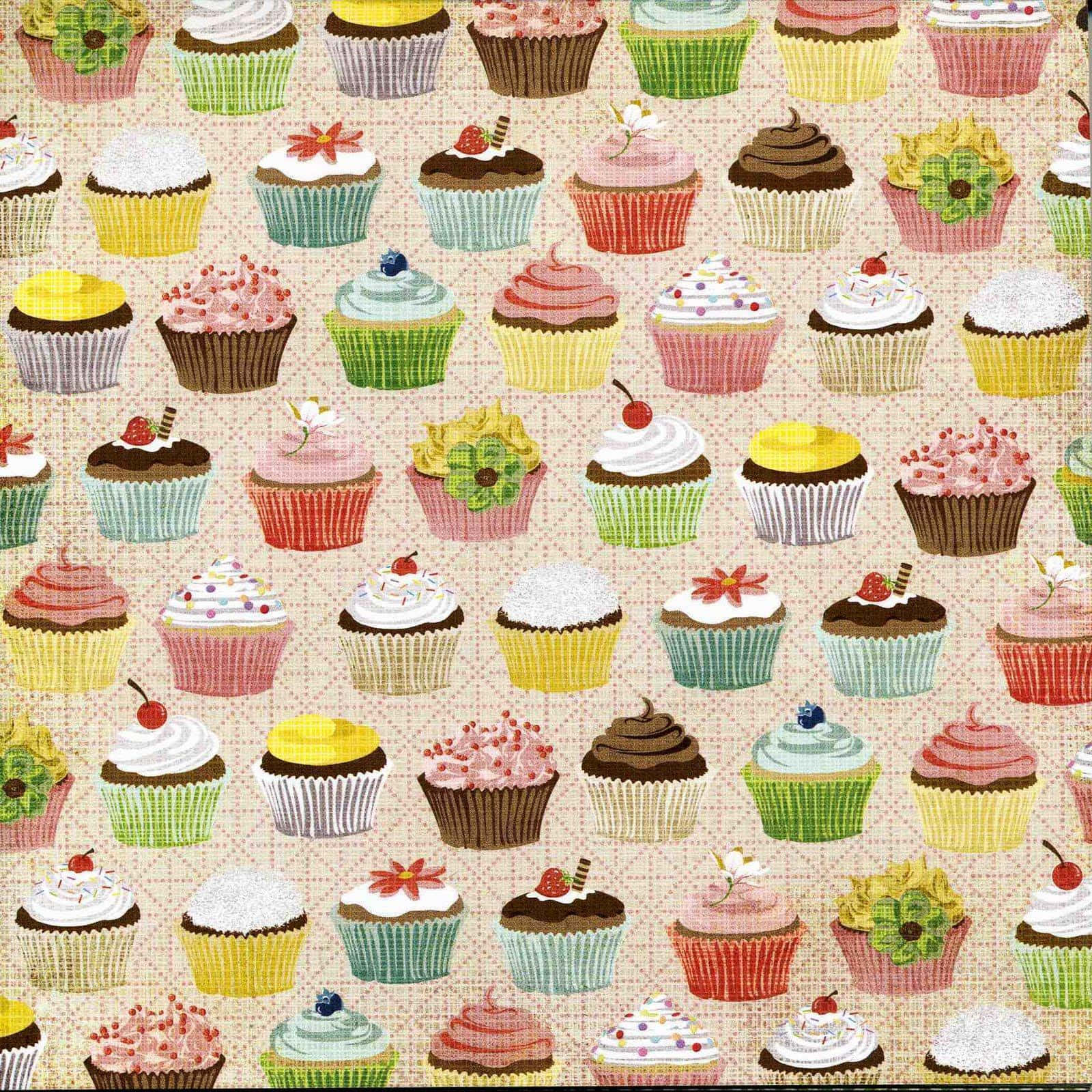 Cute Cupcake 桌布 壁紙 — 一個歡樂的圖案，在帶有紋理的米色背景上，展示各種糖霜和配料的多彩紙杯蛋糕。