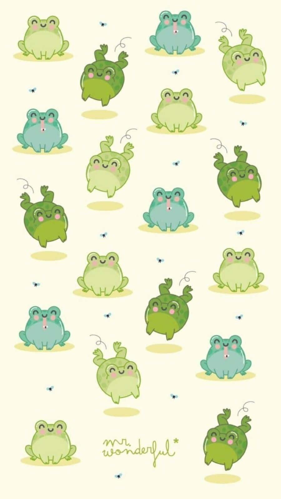 Aesthetic Frog 桌布 壁紙 — 一個歡樂的圖案，由各種可愛綠色青蛙以俏皮姿勢組成，背景為柔軟的奶油色。