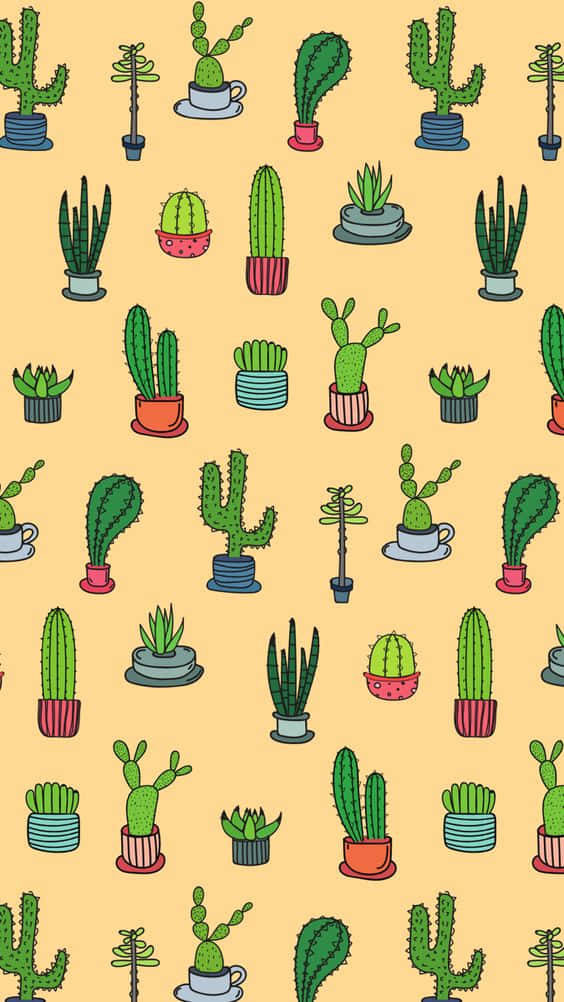 Cactus iPhone 桌布 壁紙 — 一個歡樂的圖案，由色彩繽紛的花盆和茶杯中的卡通仙人掌組成，背景為溫暖的黃色。