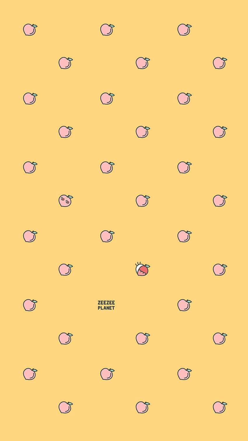  壁紙 — 一個歡樂的圖案，粉紅色桃子圖示散落在純黃色背景上，其中有一個憤怒表情的桃子。