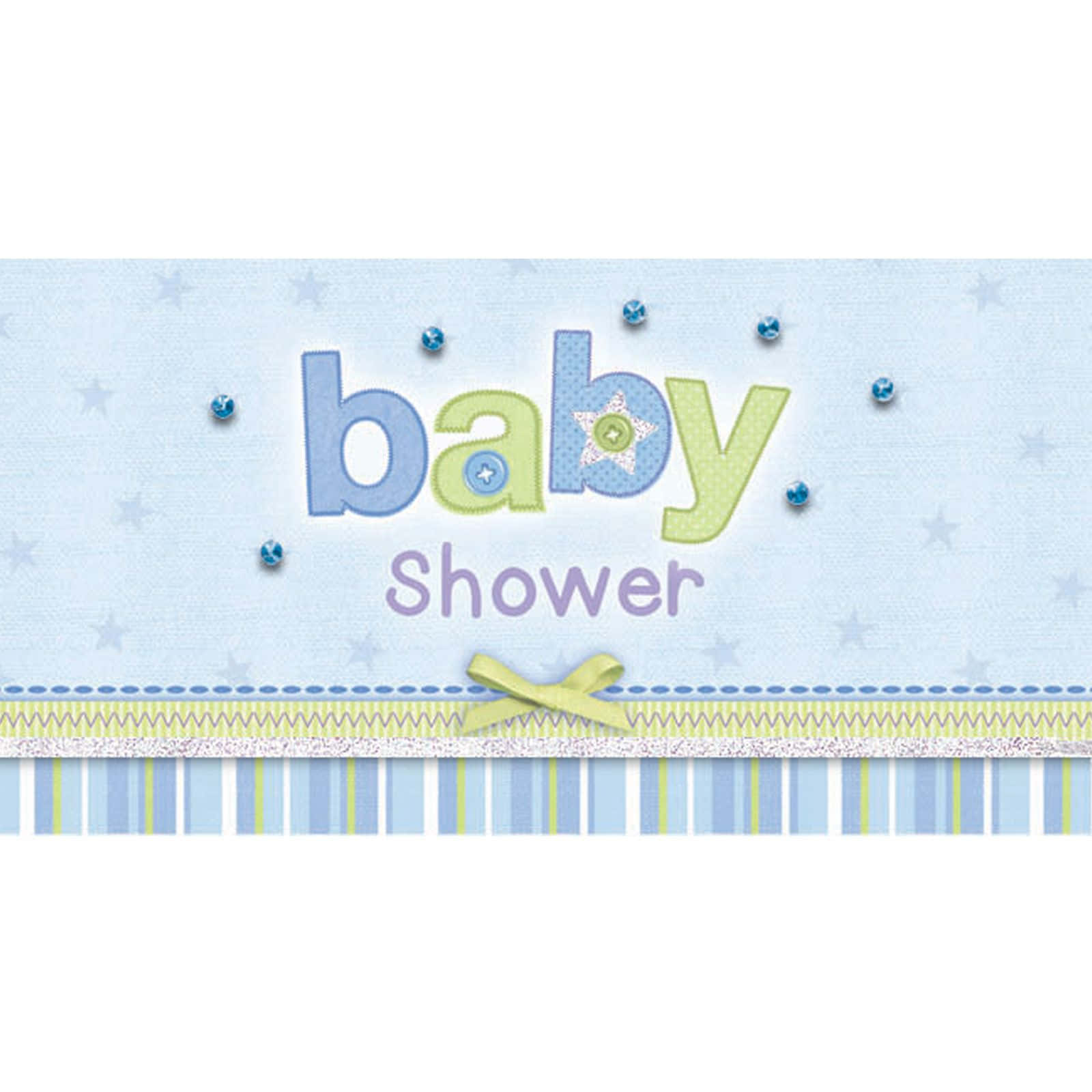 Baby 桌布 壁紙 — 一個歡樂的嬰兒派對橫幅，帶有藍色、綠色和紫色的文字，飾有星星和蝴蝶結，背景為條紋。