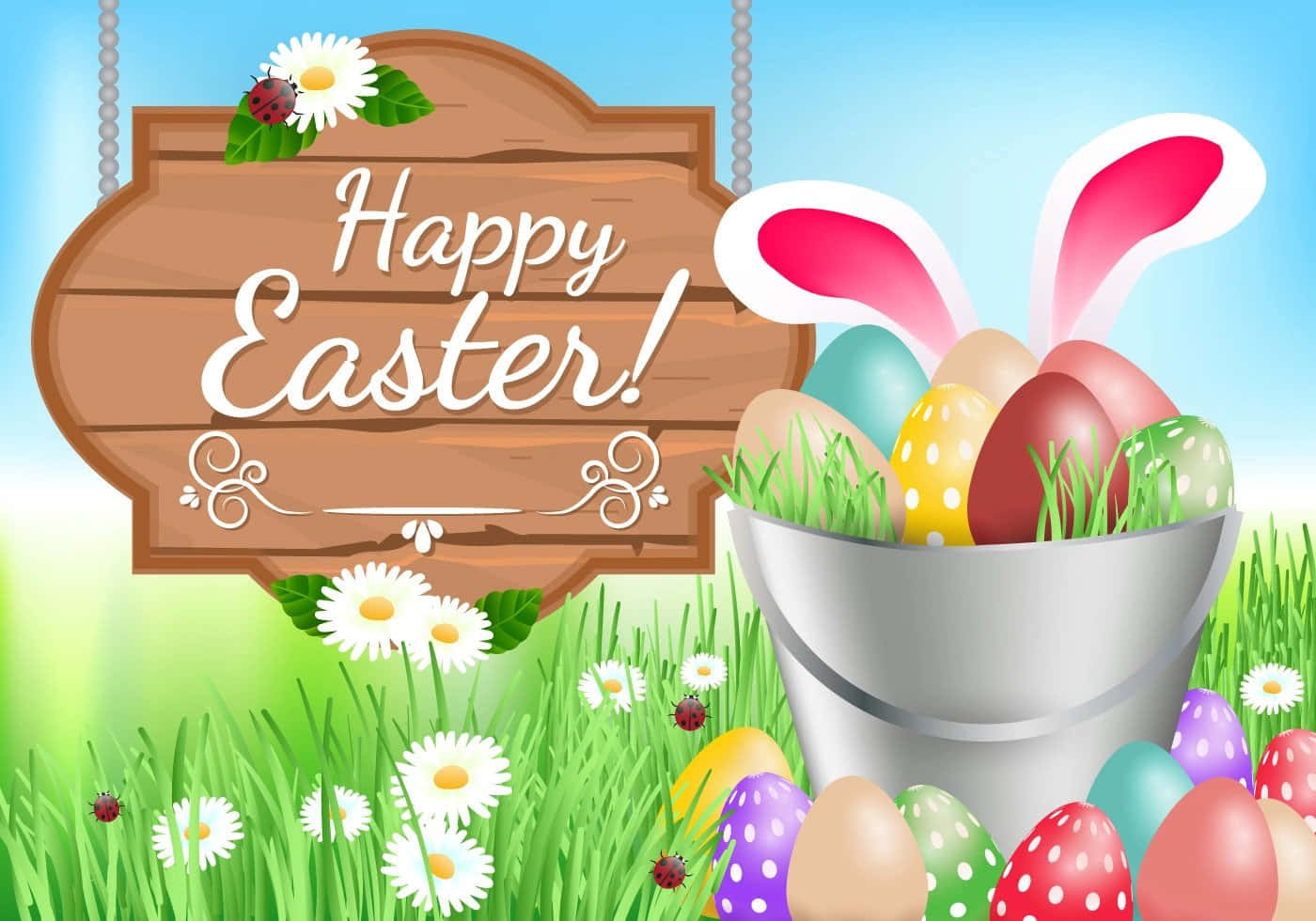 Happy Easter 桌布 壁紙 — 一個歡樂的復活節場景，木牌寫著「復活節快樂」，旁邊有一個銀色桶裝滿彩色雞蛋和兔耳。