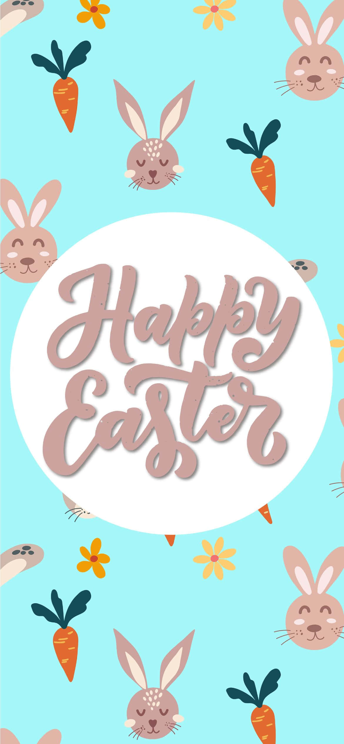 Cute Easter iPhone 桌布 壁紙 — 一個歡樂的復活節桌布，淺藍色背景上散落著可愛的兔子和胡蘿蔔，圍繞著中央的「復活節快樂」文字圓圈。